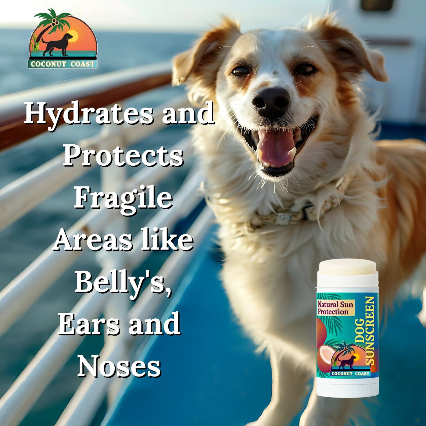 Coconut Coast Dog Sunscreen Stick – hydrates and protects sensitive areas like ears, noses, and bellies during outdoor play.