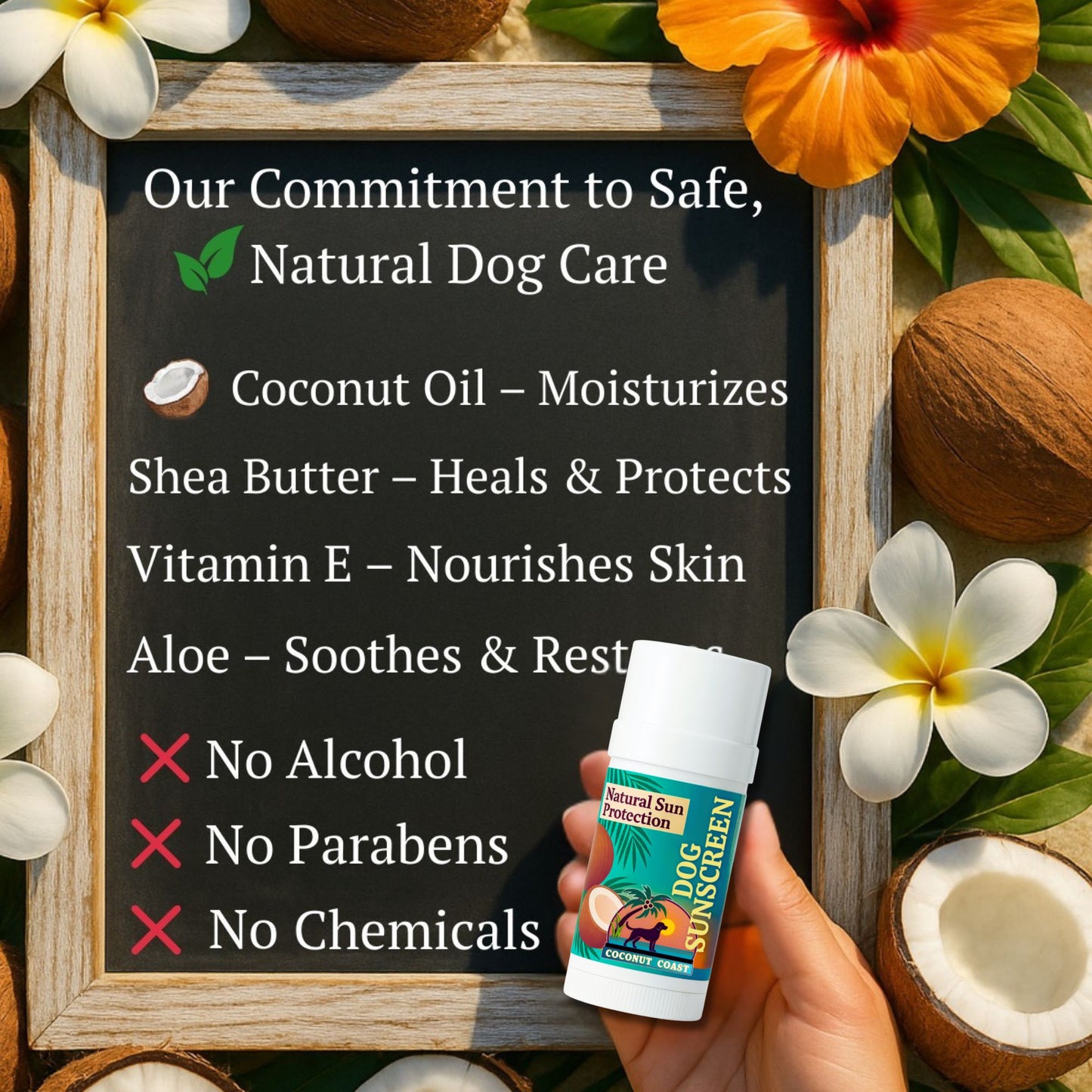 Coconut Coast Dog Sunscreen Stick made with coconut oil, shea butter, vitamin E, and aloe – alcohol-free, paraben-free, chemical-free.