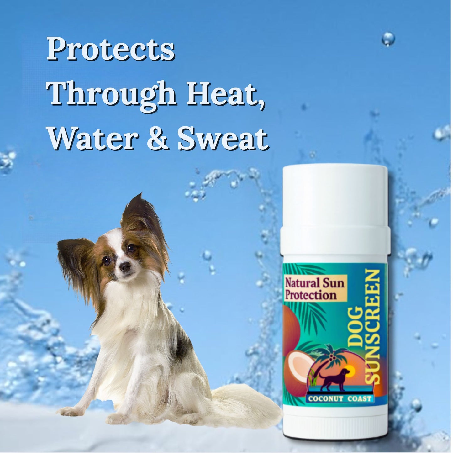 Coconut Coast Dog Sunscreen Stick – water-resistant formula protects dogs through heat, water, and sweat.