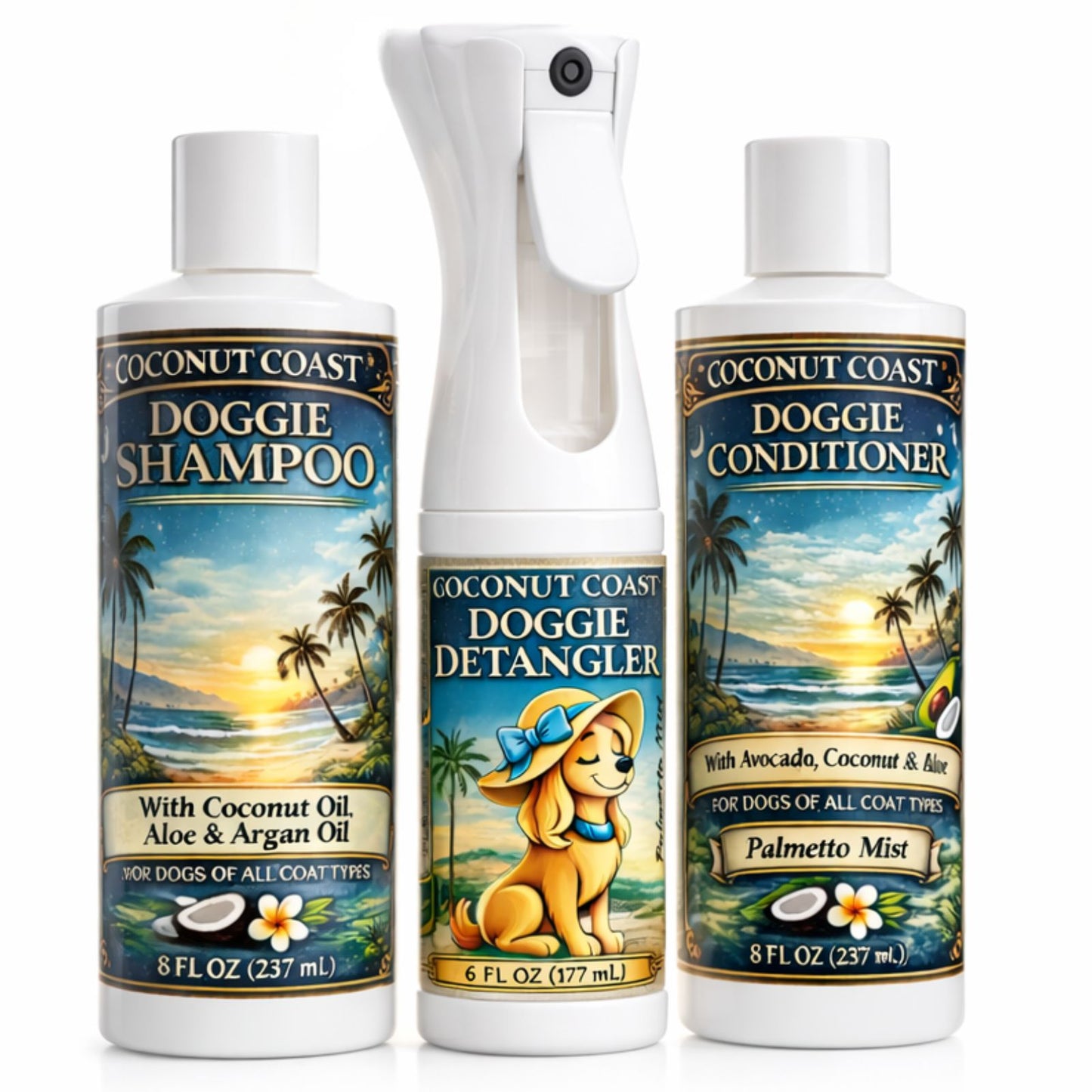 Coconut Coast Dog Shampoo, Conditioner & Detangler Set (Palmetto Mist)