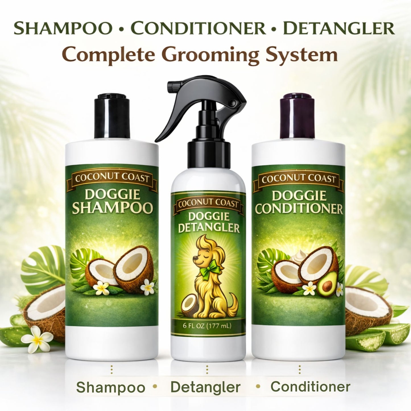 Coconut Coast Dog Shampoo, Conditioner & Detangler Set