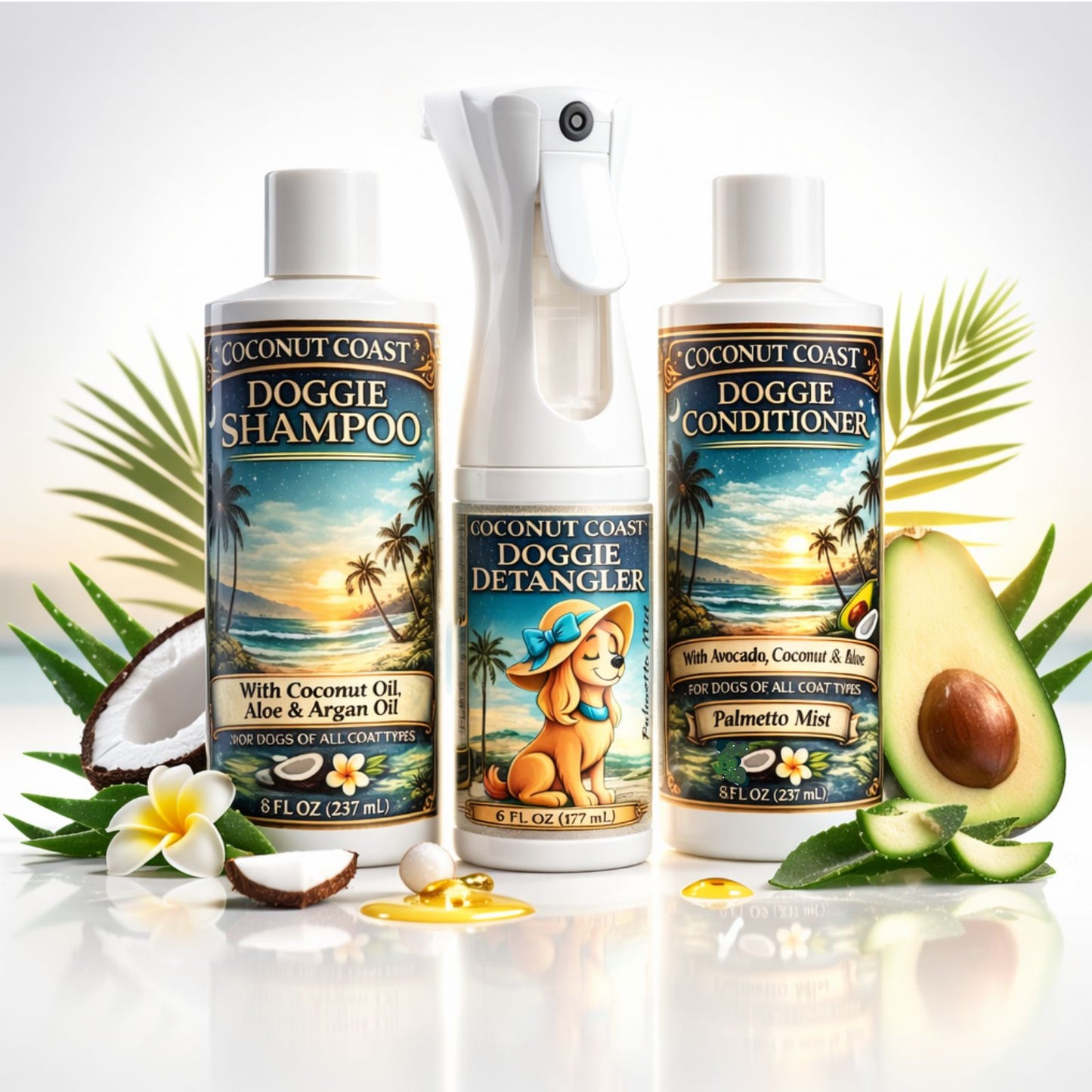 Coconut Coast Dog Shampoo, Conditioner & Detangler Set (Palmetto Mist)