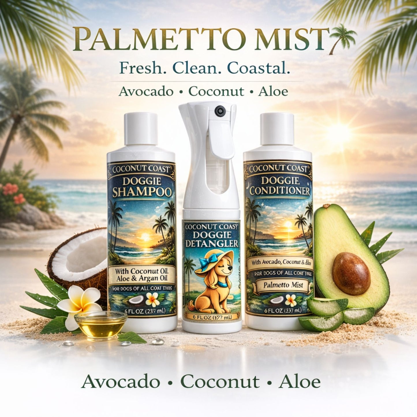 Coconut Coast Dog Shampoo, Conditioner & Detangler Set (Palmetto Mist)