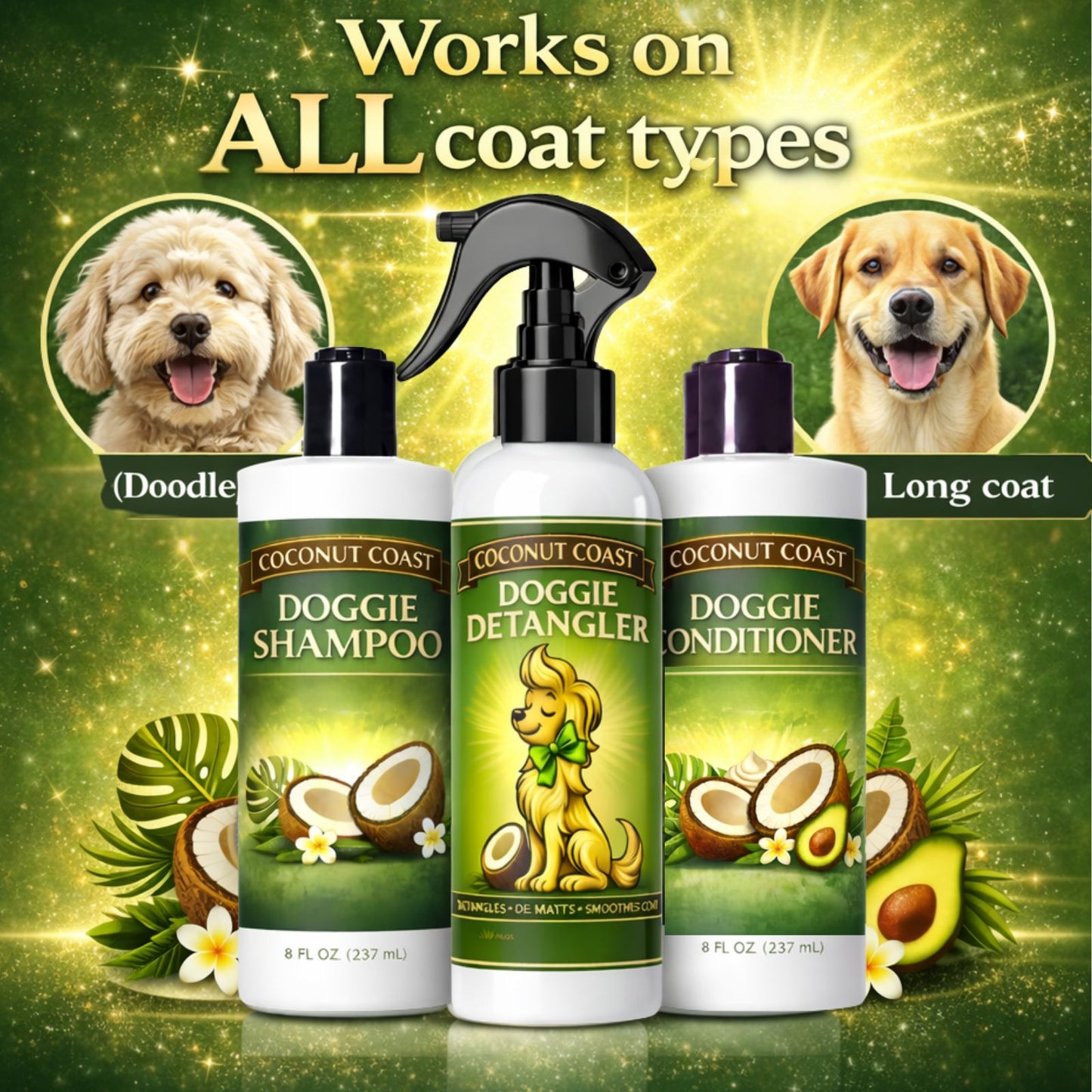 Coconut Coast Dog Shampoo, Conditioner & Detangler Set