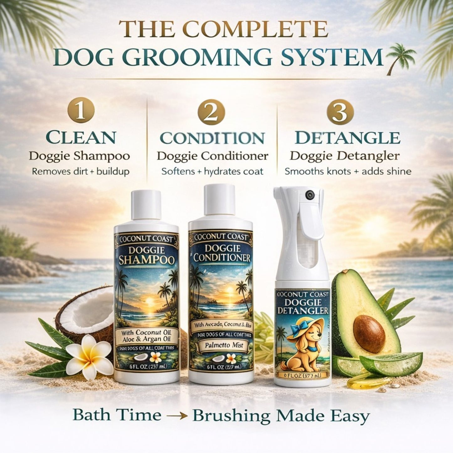 Coconut Coast Dog Shampoo, Conditioner & Detangler Set (Palmetto Mist)