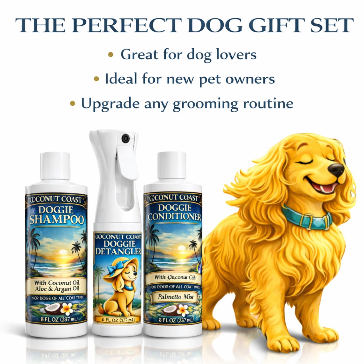 Coconut Coast Dog Shampoo, Conditioner & Detangler Set (Palmetto Mist)