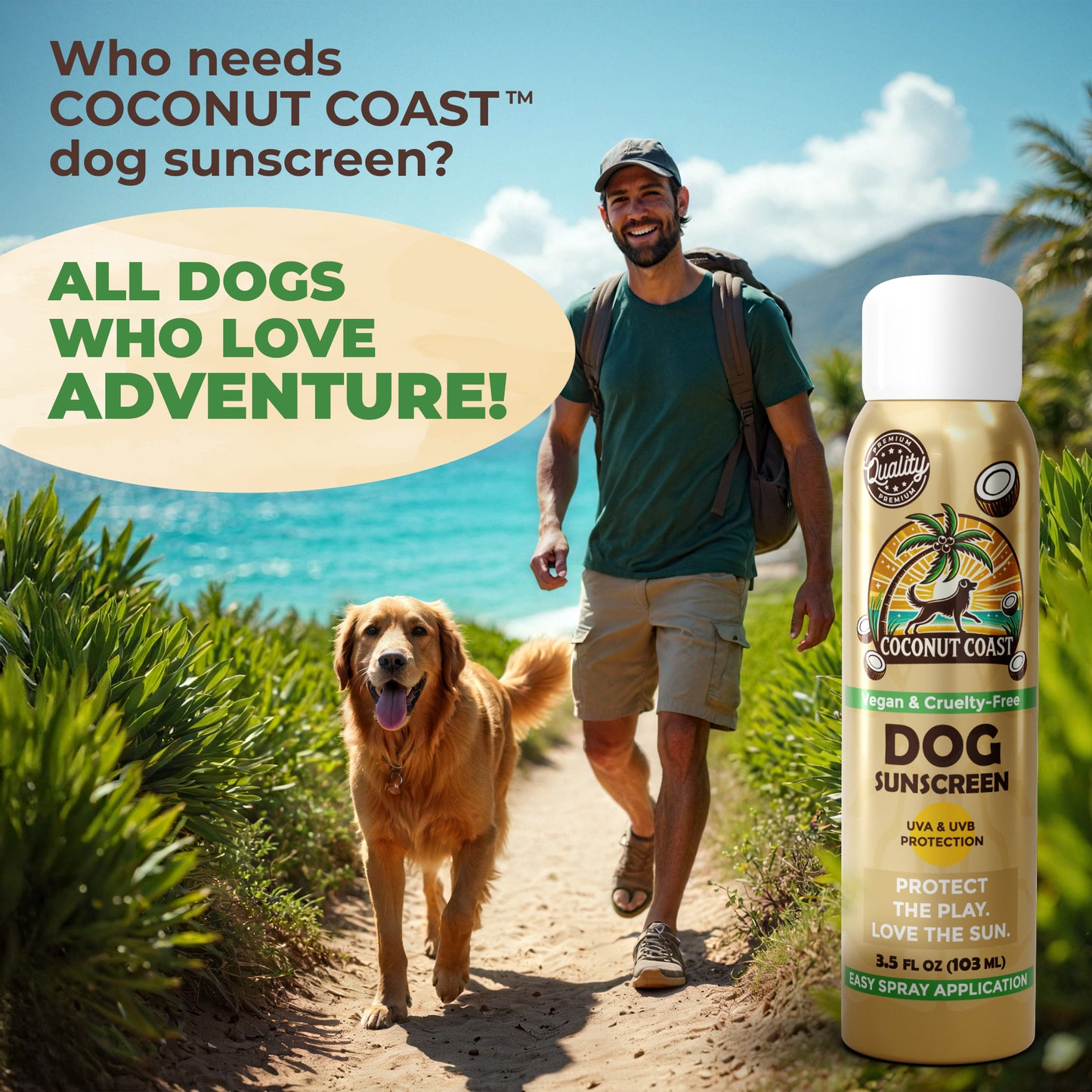 Owner hiking with two dogs and Coconut Coast Dog Sunscreen Spray—sun protection for adventure and active dogs.