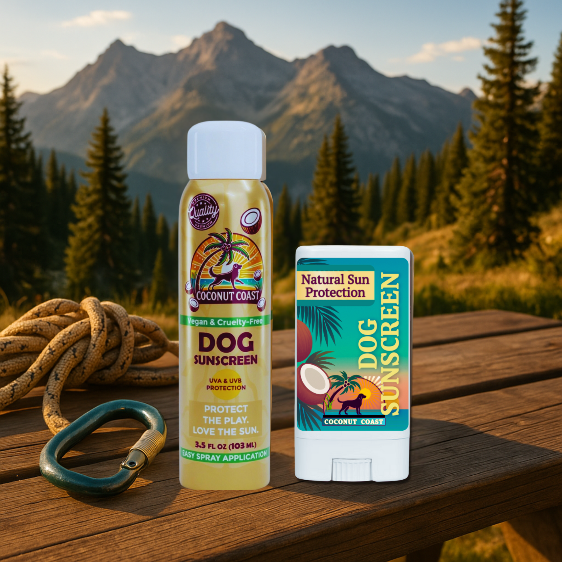 Coconut Coast Dog Sunscreen Spray and Stick displayed outdoors with mountains and leash, highlighting natural UV protection for active dogs.