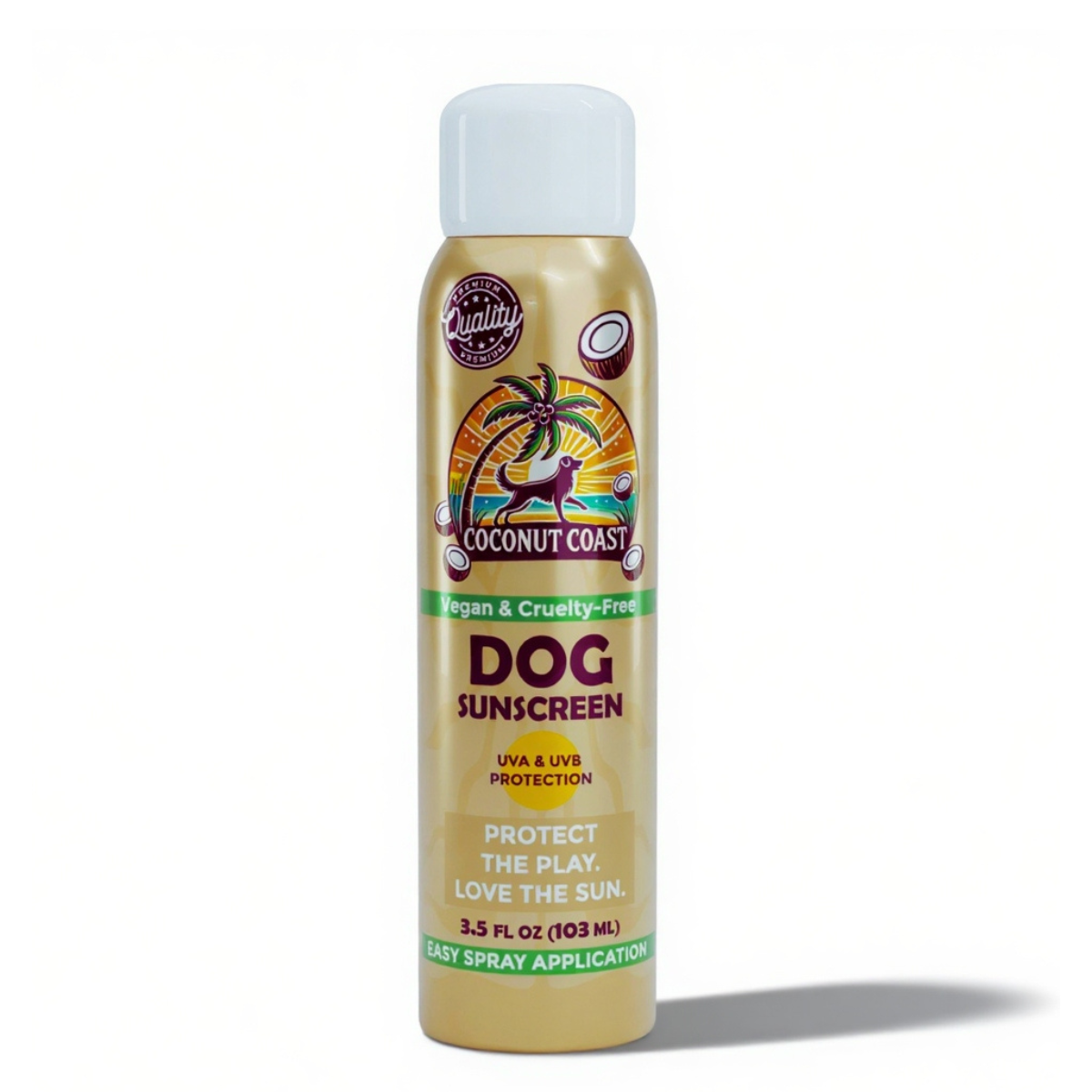 Coconut Coast Dog Sunscreen Spray, 3.5 oz mineral UVA/UVB, lick-safe, alcohol-free, fragrance-free—front product image.
