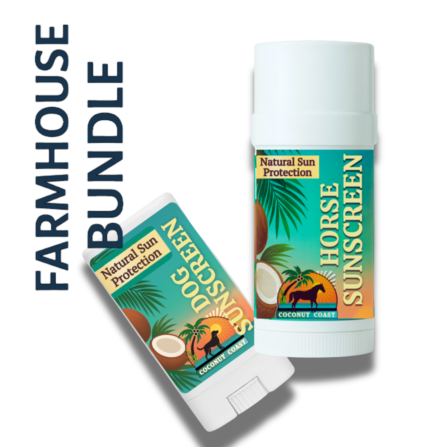 Coconut Coast Farmhouse Bundle featuring Horse and Dog Sunscreen Sticks for natural UVA and UVB protection, alcohol-free, fragrance-free, and made in the USA.