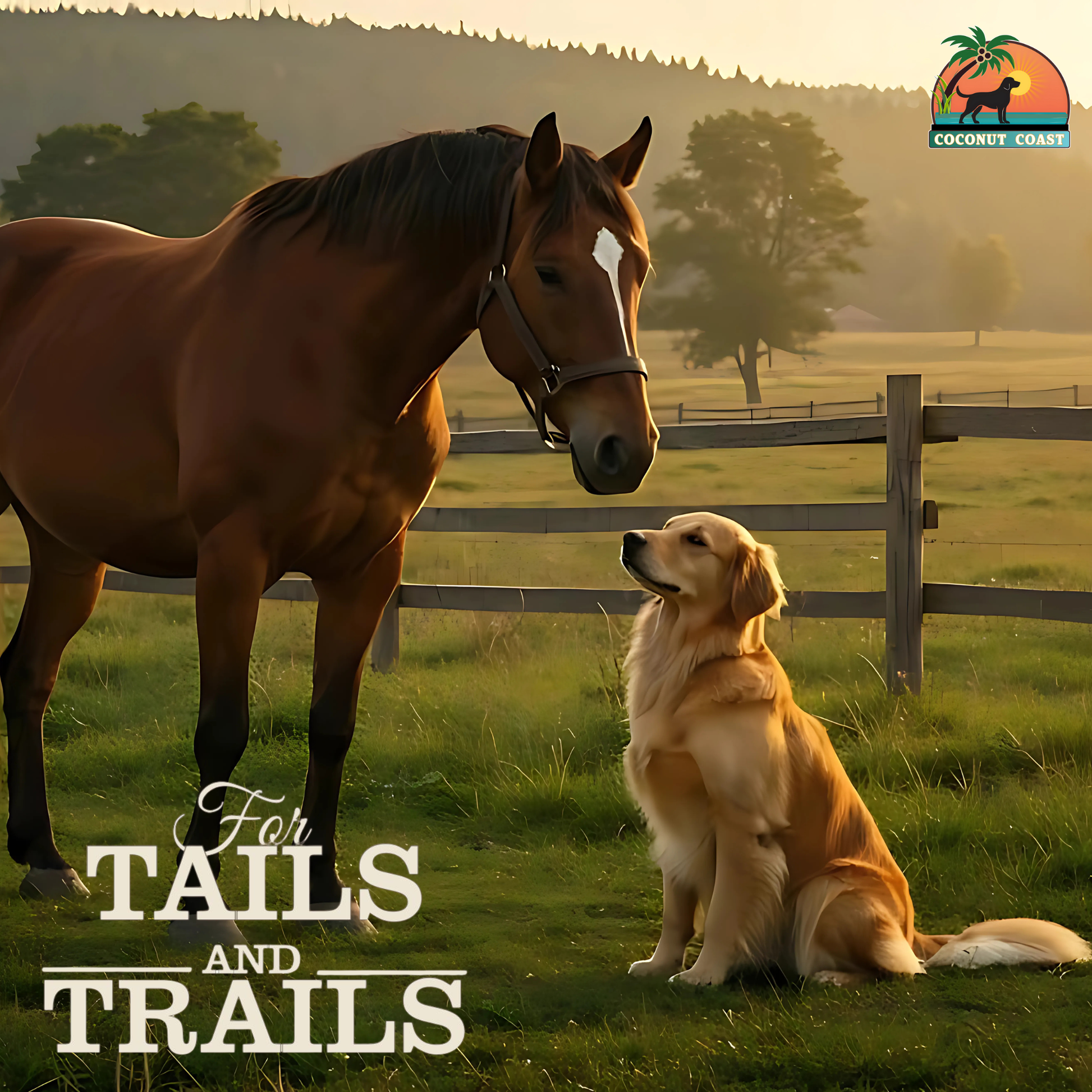 Horse and dog outdoors at sunrise with Coconut Coast Farmhouse Bundle, symbolizing natural UV protection for farm animals and pets on trails or pasture.