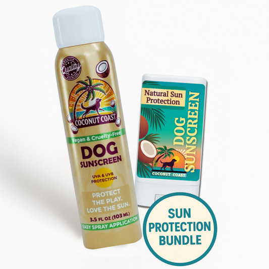 Coconut Coast Sun Protection Bundle showing Dog Sunscreen Spray and Dog Sunscreen Stick with Sun Protection Bundle badge for natural UVA and UVB defense.