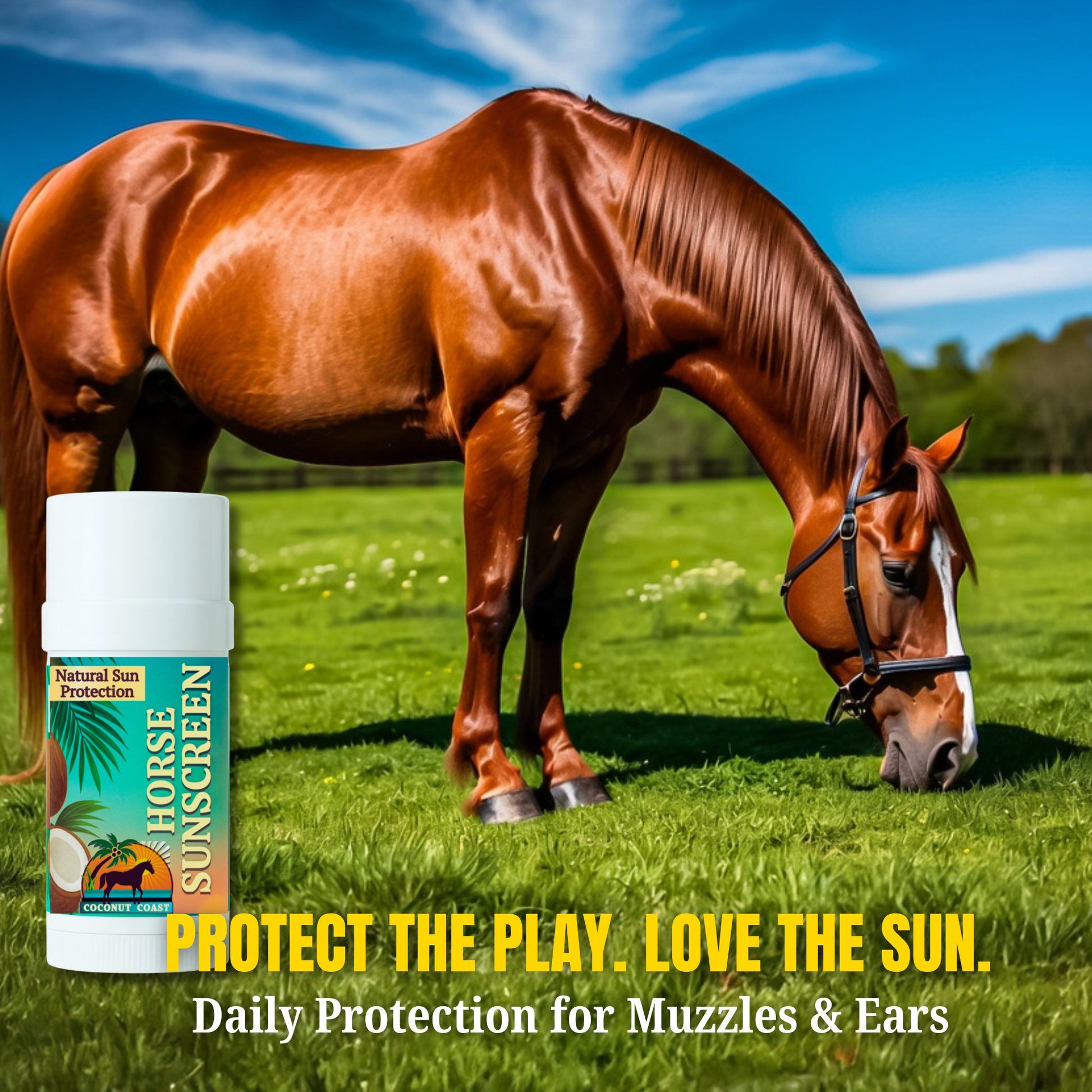 Chestnut horse in pasture beside Coconut Coast Horse Sunscreen Stick; daily mineral sun care for muzzles and ears.