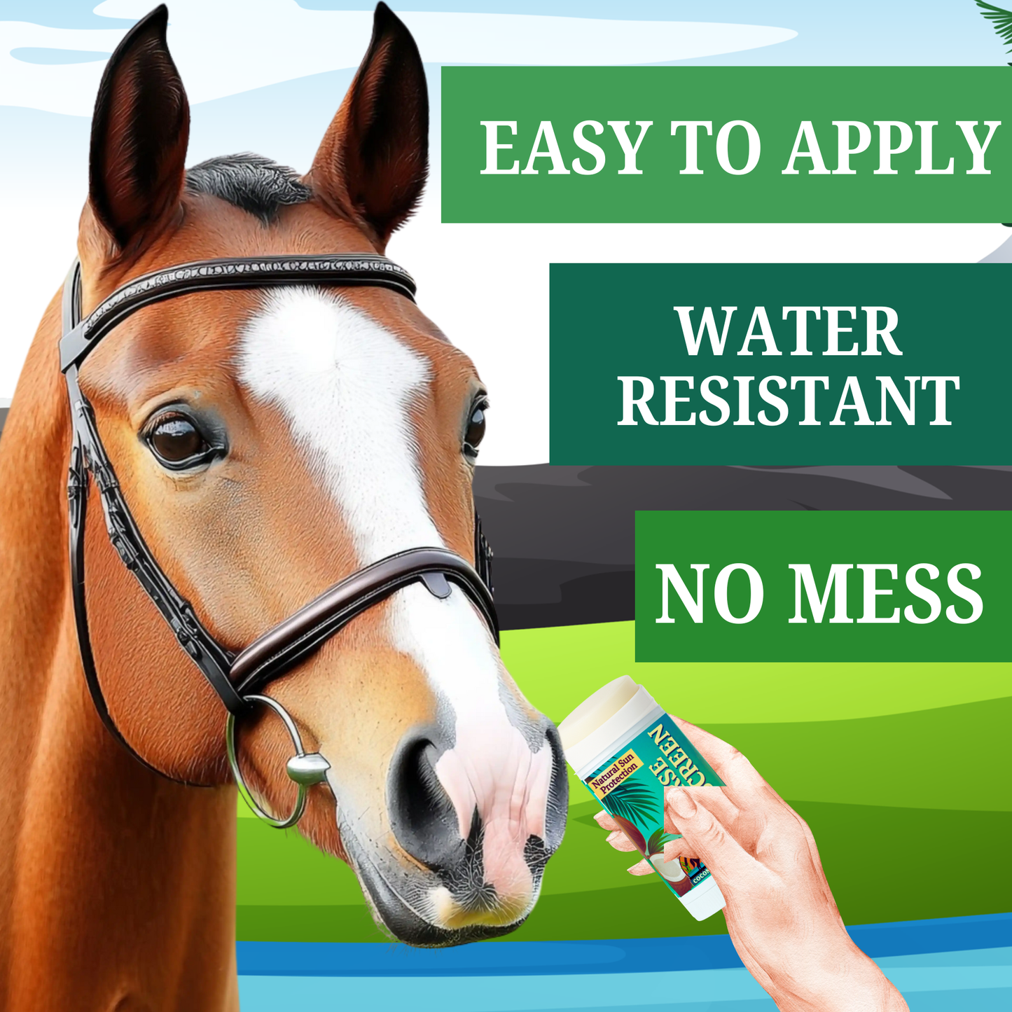 Hand applying Coconut Coast Horse Sunscreen Stick to horse’s nose; non-runny, water-resistant application.