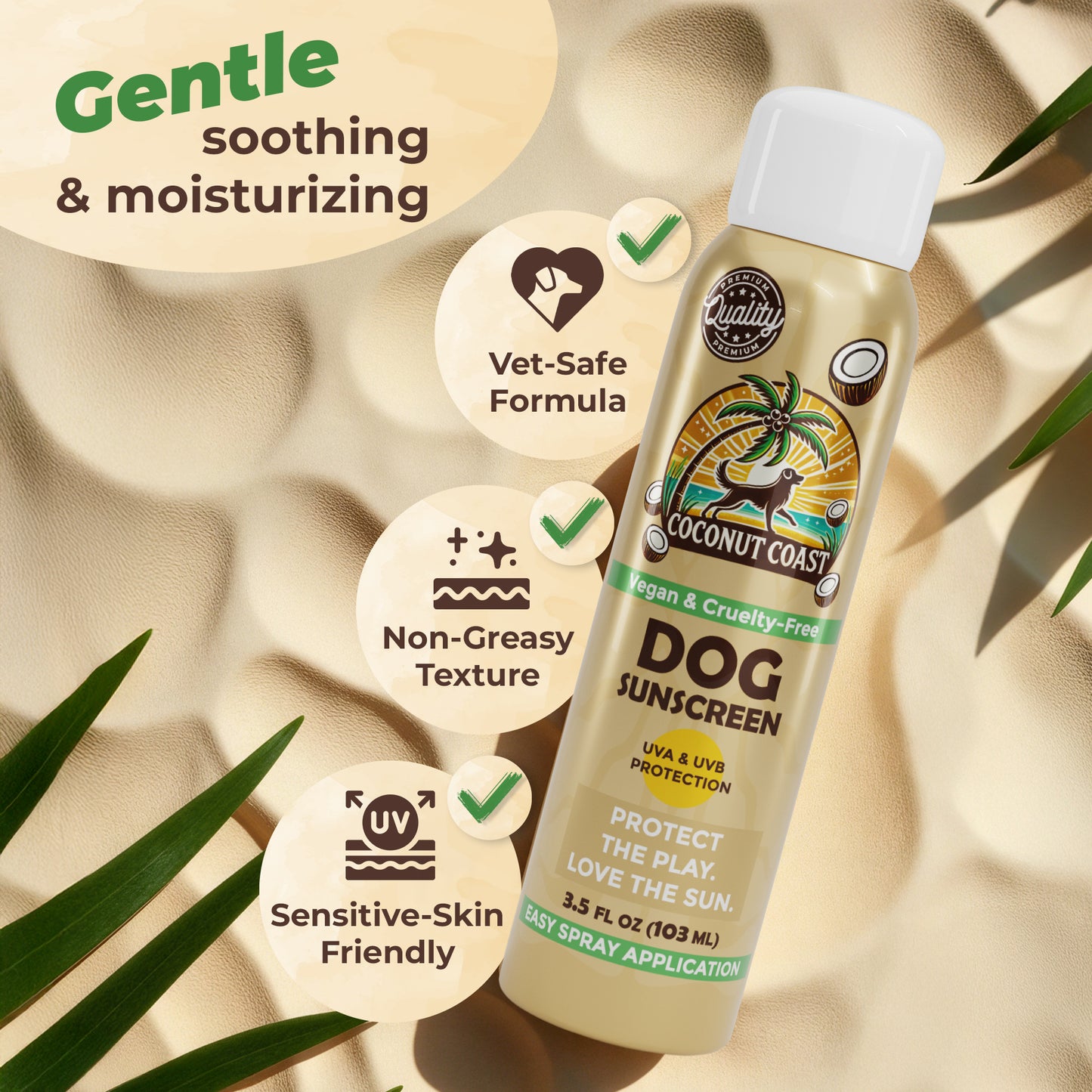 Hearts and product image emphasizing gentle, soothing, moisturizing mineral sunscreen for sensitive noses and skin.