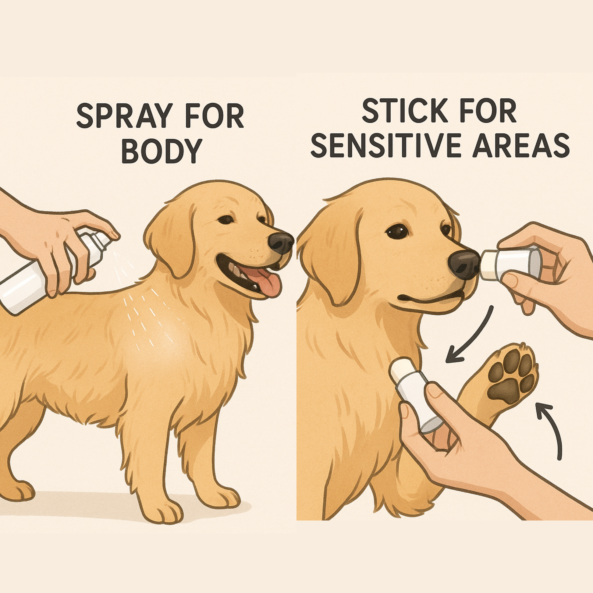 Illustrated guide showing how to apply Coconut Coast Dog Sunscreen Spray on body and Stick on sensitive areas for full sun protection.