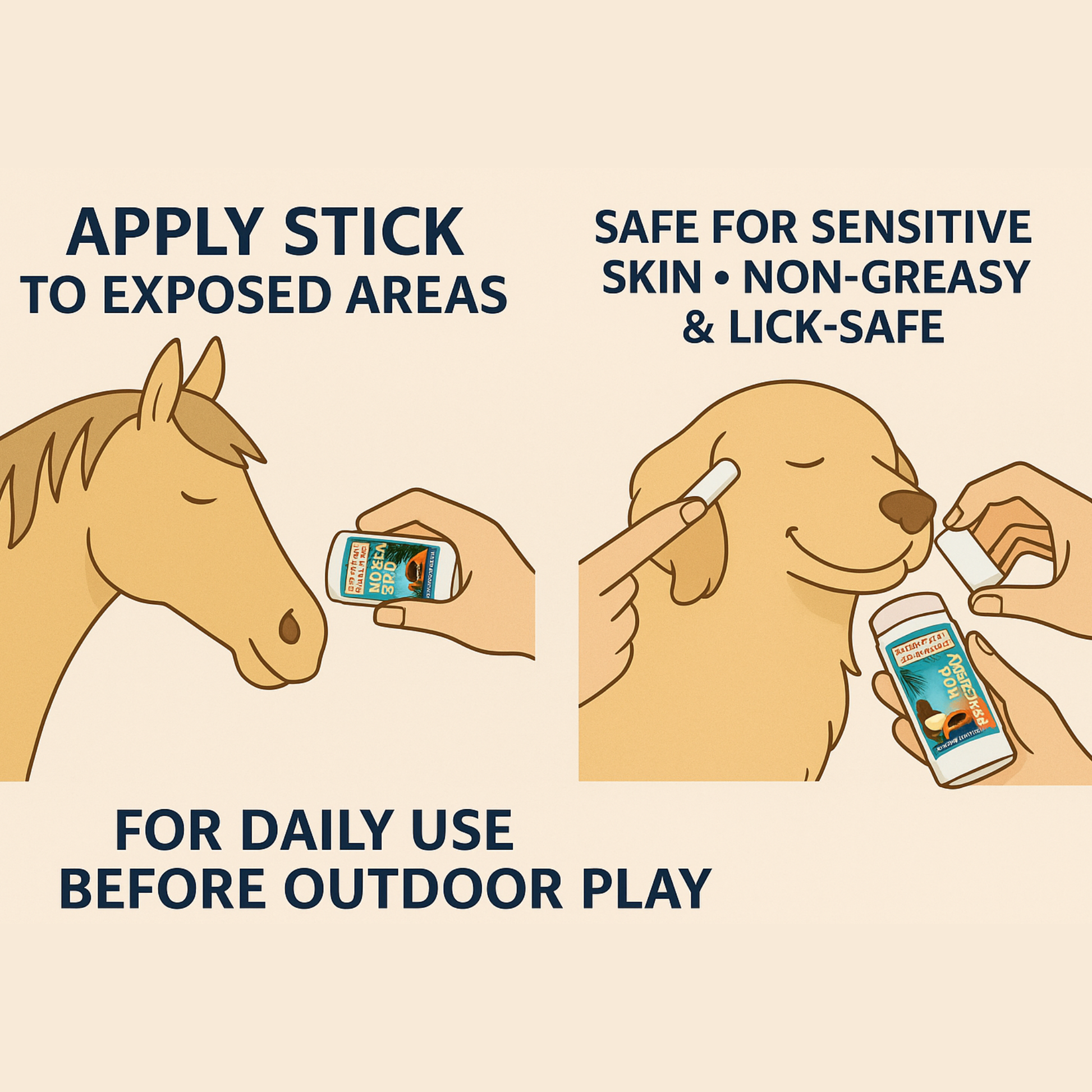 How to apply Coconut Coast Sunscreen Sticks to horses and dogs, showing gentle use on muzzle, nose, and ears for daily UV protection before outdoor play.