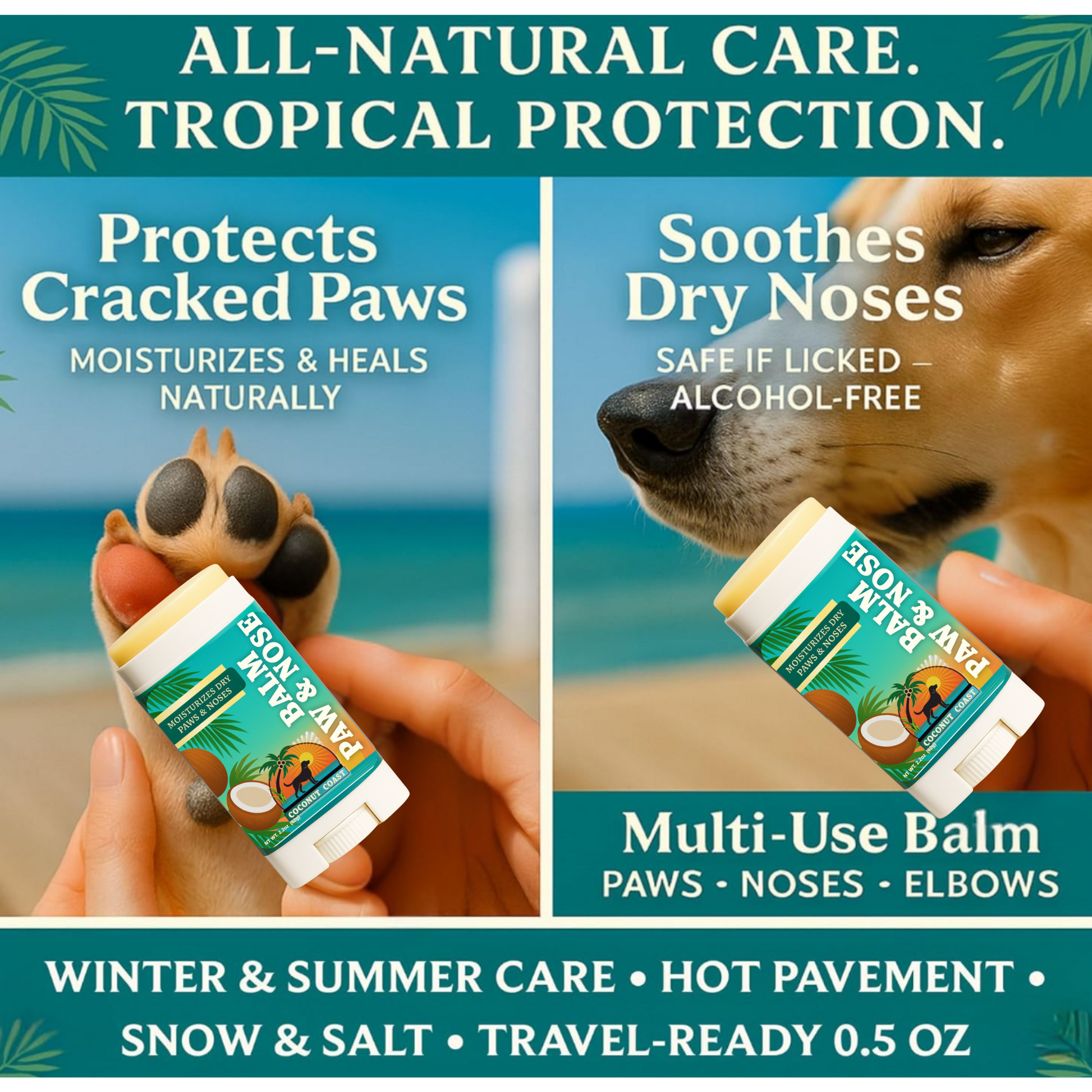 Coconut Coast Paw and Nose Balm 0.5 oz shown protecting cracked dog paws and soothing dry noses, safe if licked, alcohol-free, perfect for year-round travel