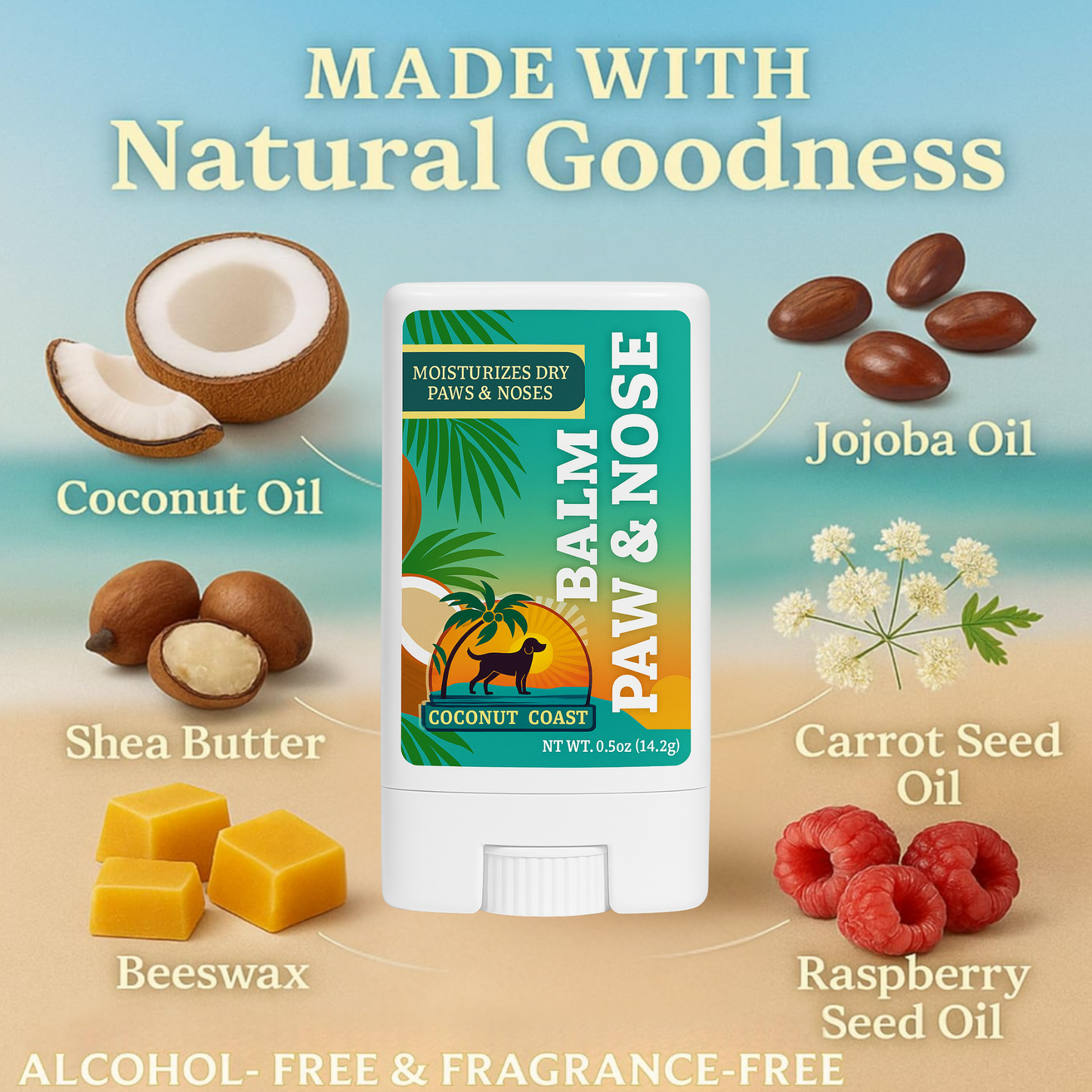 Ingredient callouts—coconut oil, shea butter, jojoba oil, carrot seed oil—Coconut Coast Paw & Nose Balm mini.