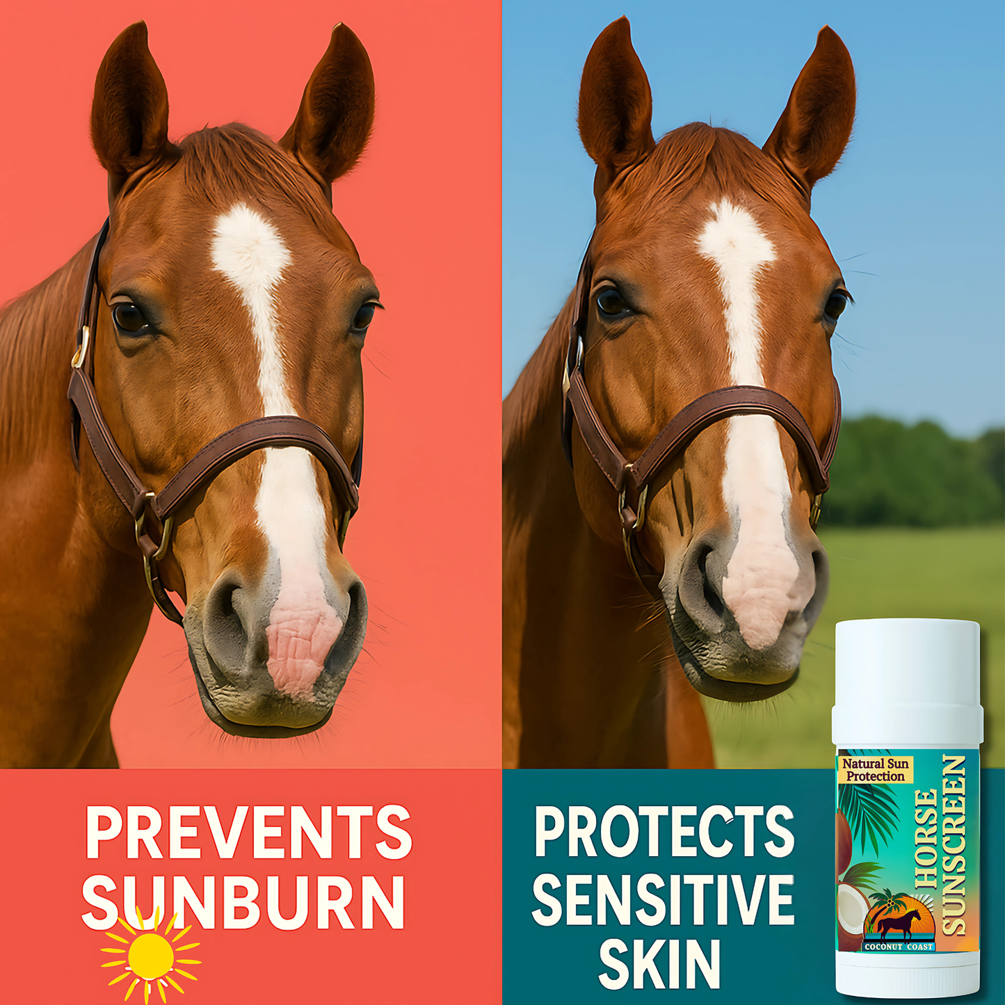 Horses graphic illustrating mineral sun protection for sensitive skin with Coconut Coast Horse Sunscreen Stick.