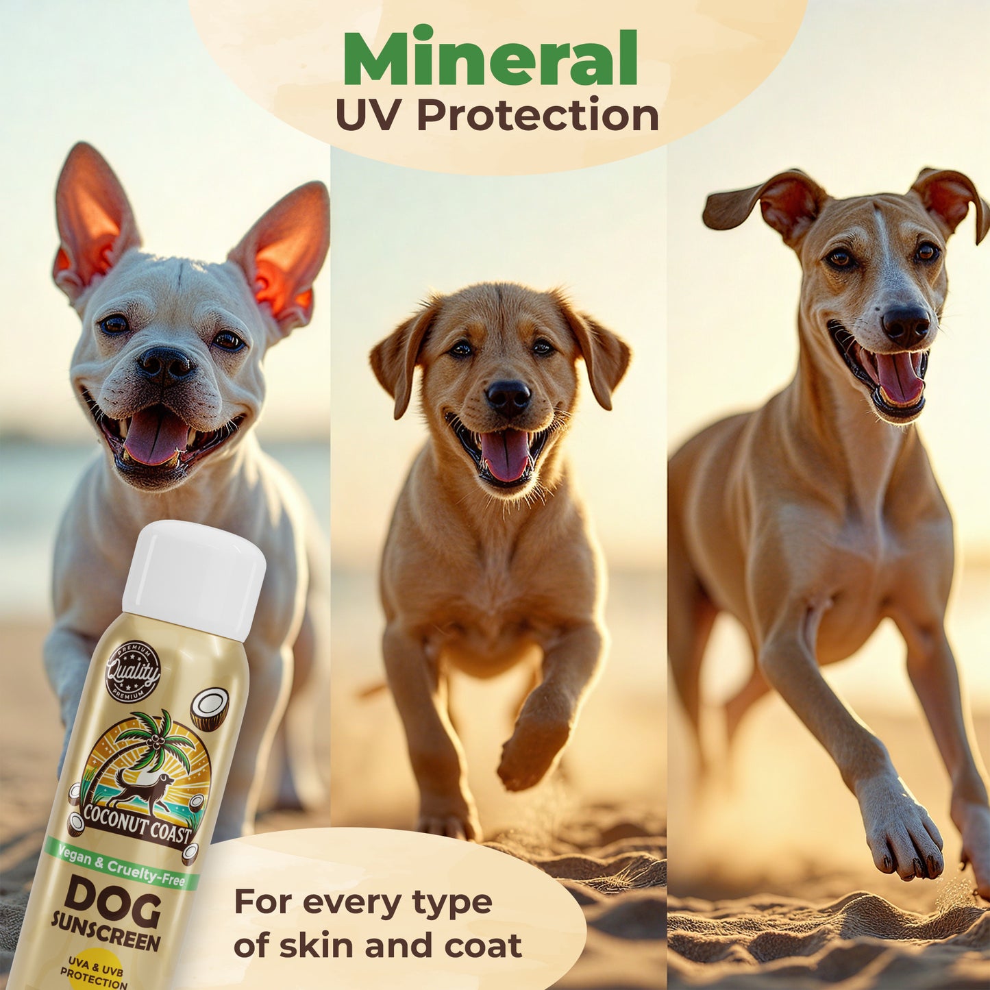 Two dogs outdoors beside Coconut Coast Dog Sunscreen Spray showing mineral UVA/UVB sun protection for all coat types.
