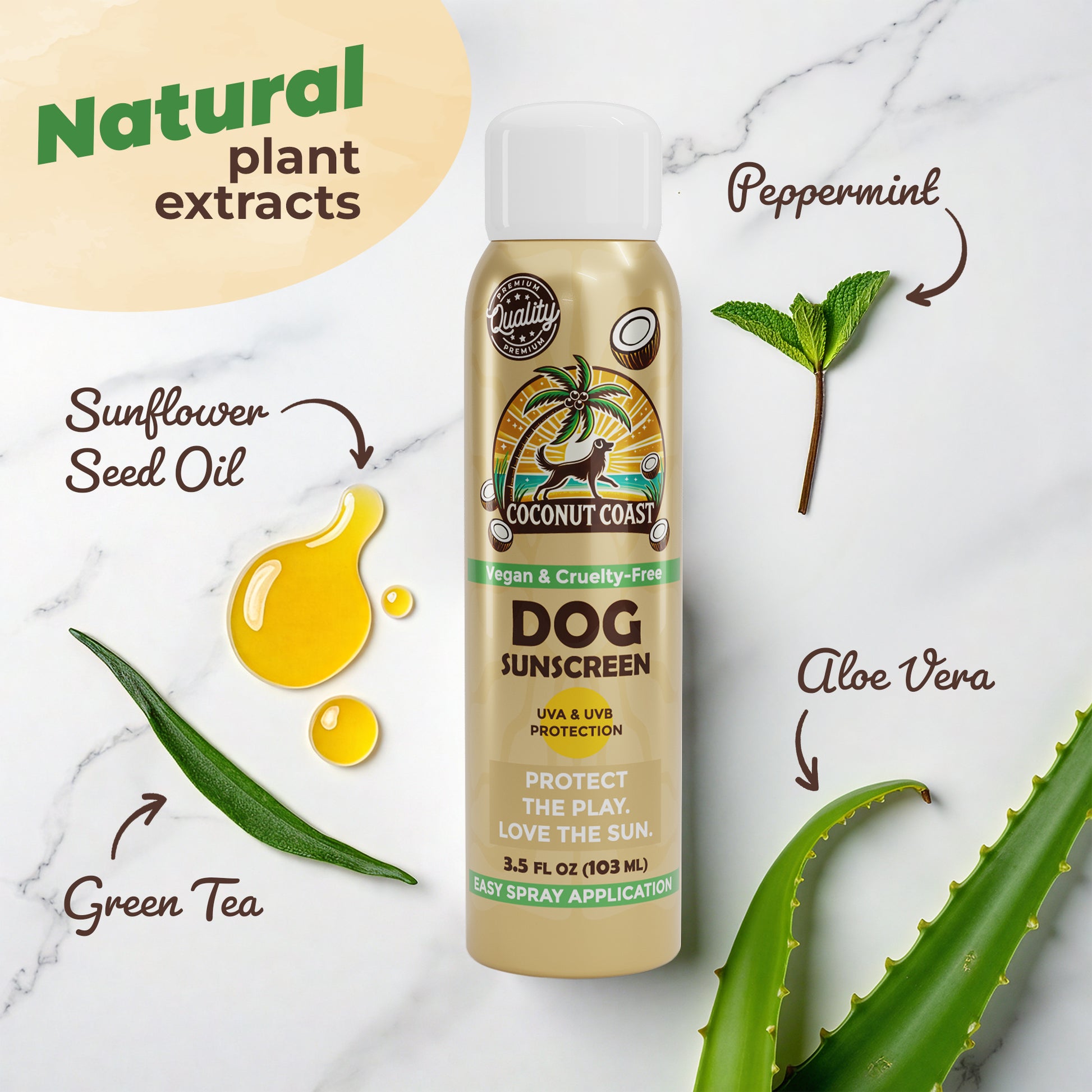 Ingredient graphic with sunflower seed oil, peppermint, aloe vera, and green tea next to Coconut Coast Dog Sunscreen Spray.