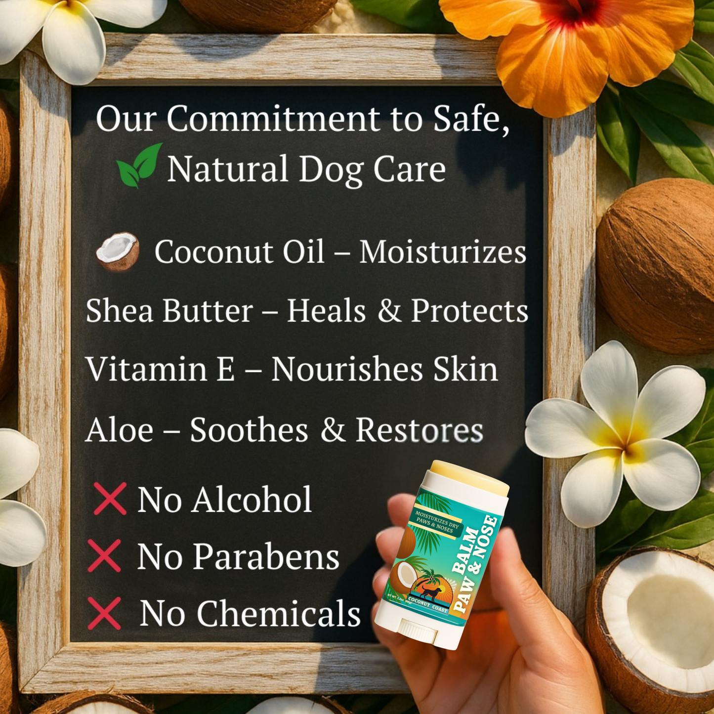 Graphic board with coconut oil, shea butter, vitamin E, aloe and “no alcohol / no parabens” next to balm mini.