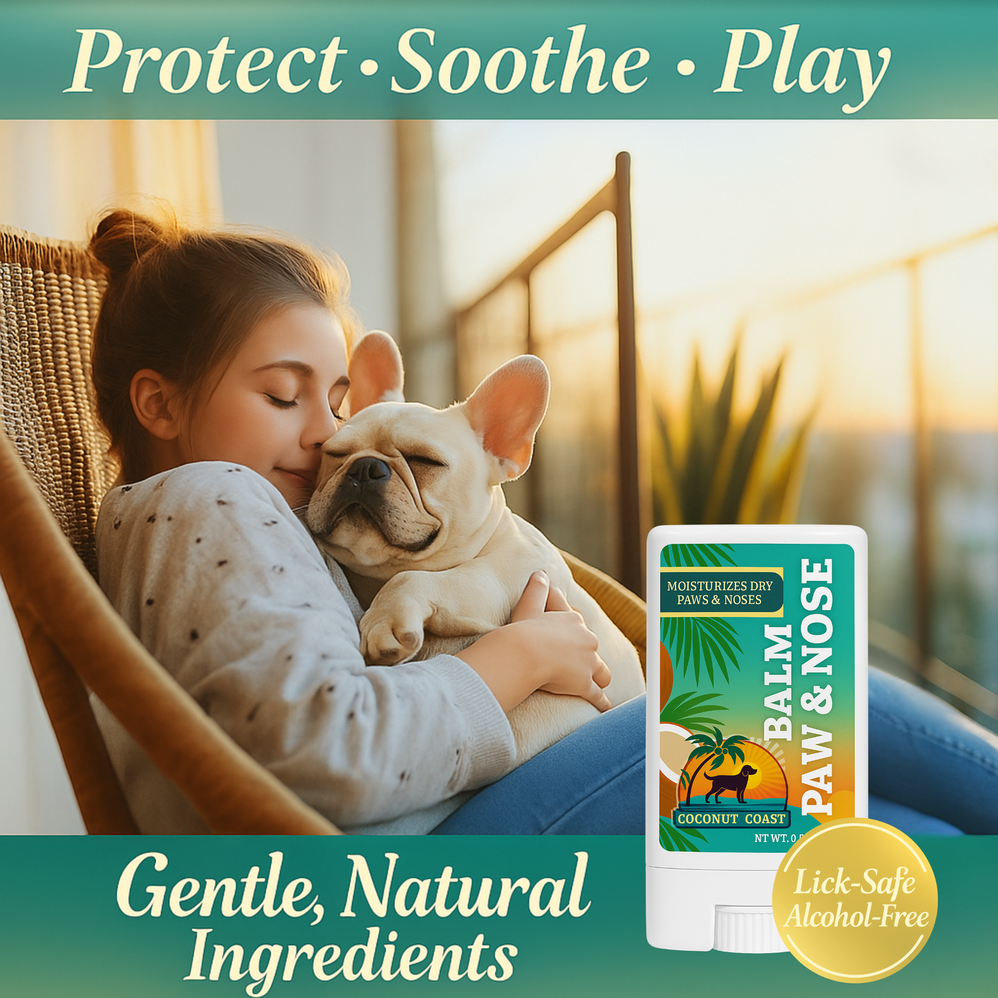 Woman cuddling dog with Coconut Coast Paw & Nose Balm mini—gentle, natural, fragrance-free care.