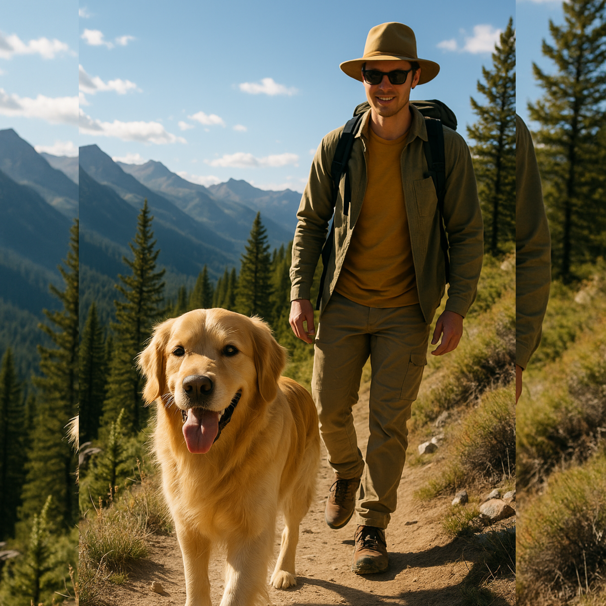 Dog hiking with owner in sunlight, representing outdoor adventures safely protected by Coconut Coast all-natural dog sunscreen.