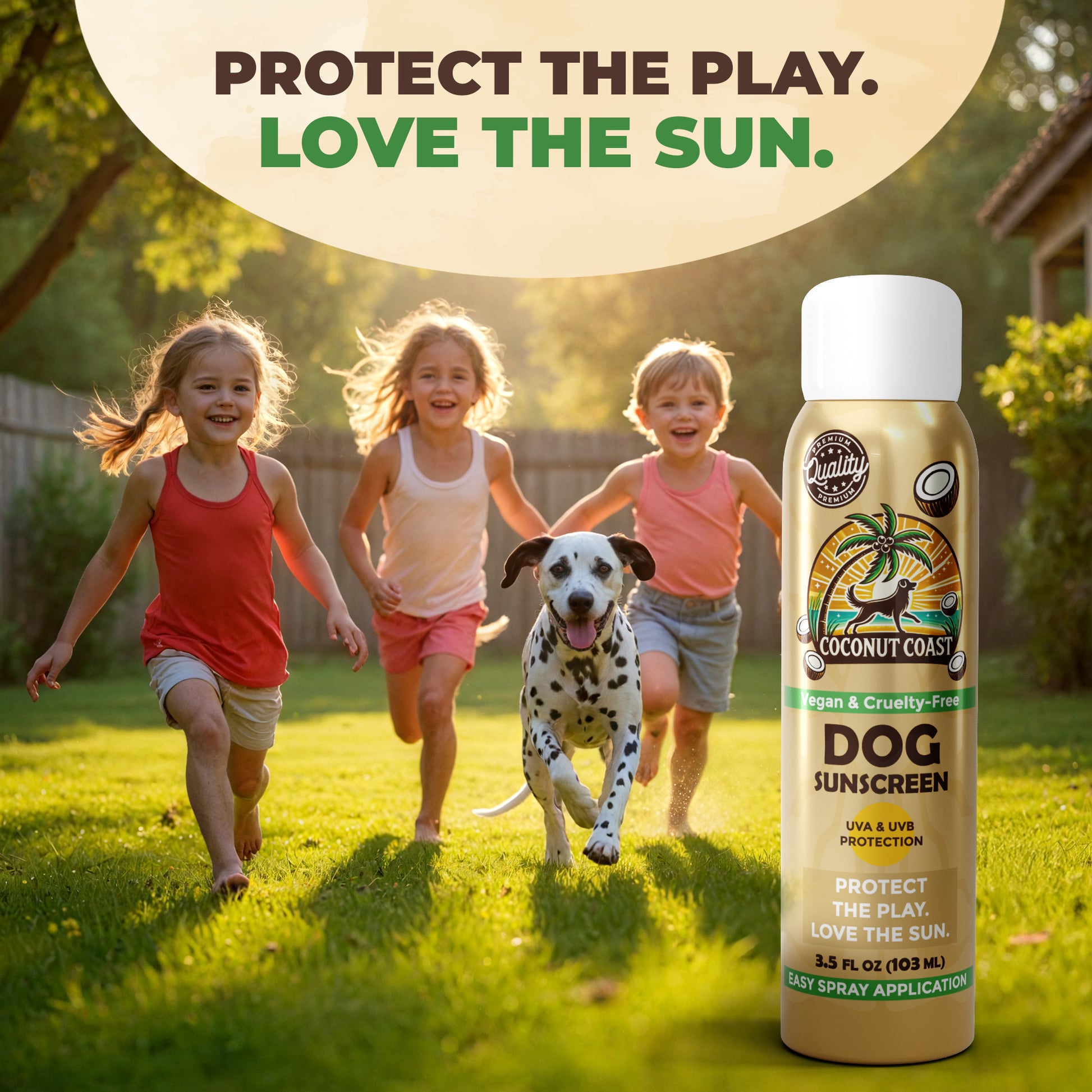 Children running with a dog in bright sun with Coconut Coast Dog Sunscreen Spray, highlighting safe outdoor play.
