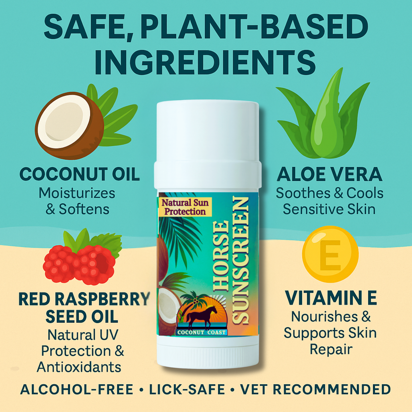 Ingredient callouts (coconut oil, aloe vera, red raspberry seed oil, vitamin E) with Coconut Coast Horse Sunscreen; lick-safe.