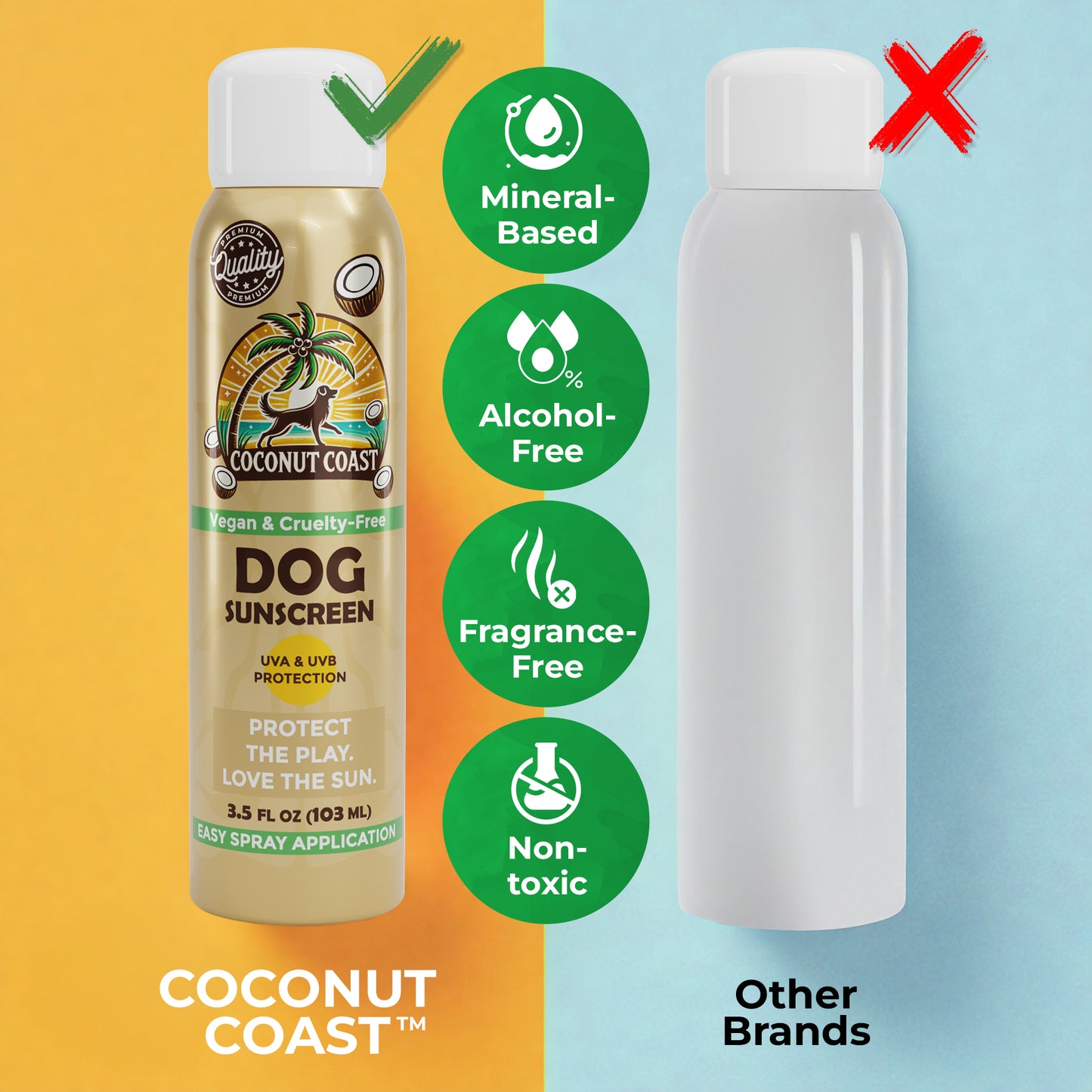Comparison image: Coconut Coast checked for mineral, alcohol-free, fragrance-free, lick-safe; other brands marked with an X.