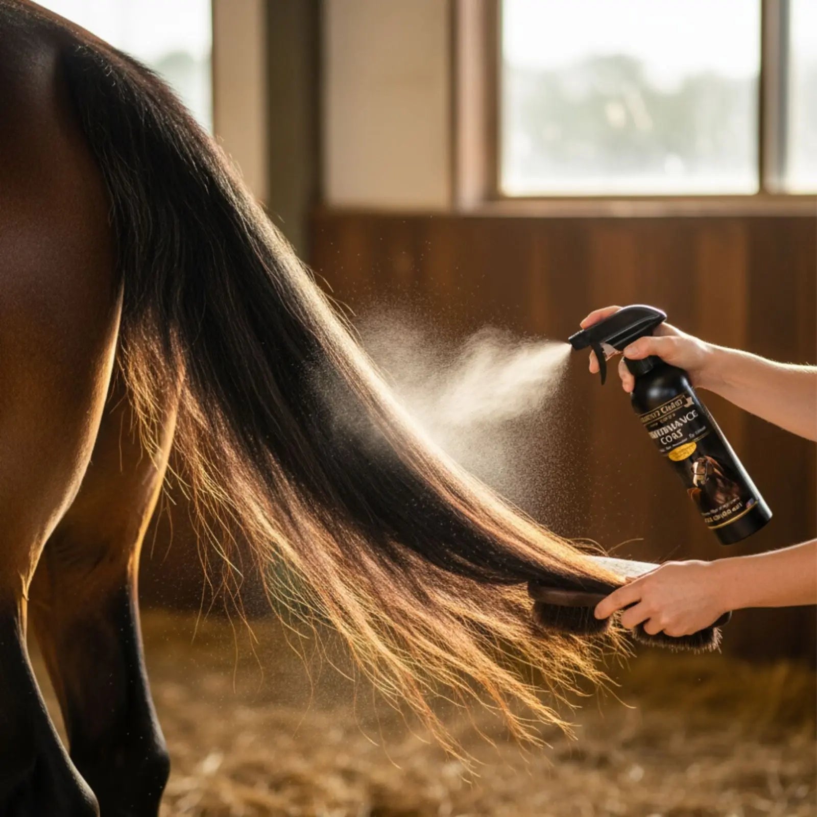 Applying grooming spray to horse mane for detangling and shine
