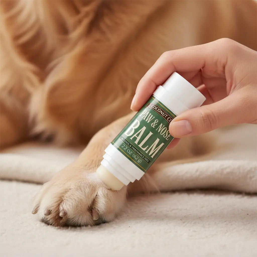 Applying Coconut Coast paw balm stick to dog paw for protection and moisture