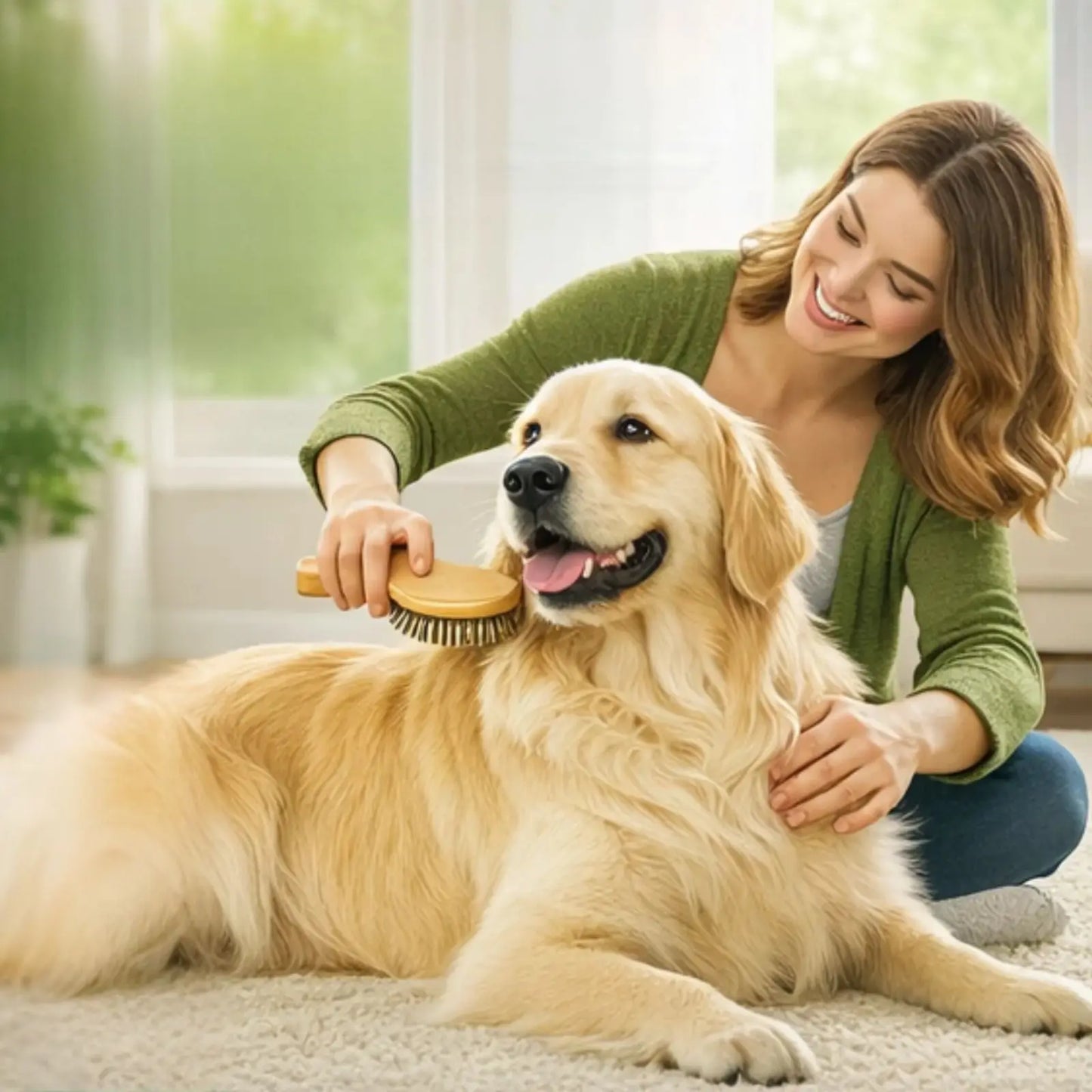 Brushing dog coat smoothly after applying detangler spray