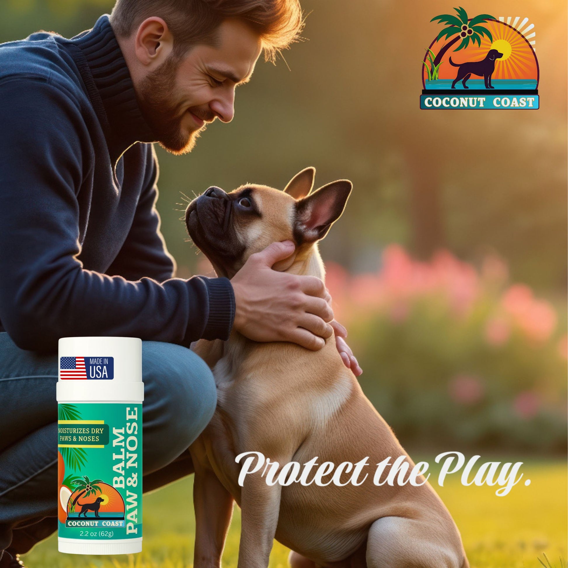 Man bonding with French Bulldog outdoors holding Coconut Coast Paw and Nose Balm 2.2 oz, all-natural USA-made balm that protects and moisturizes dry dog paws and noses, Protect the Play tagline