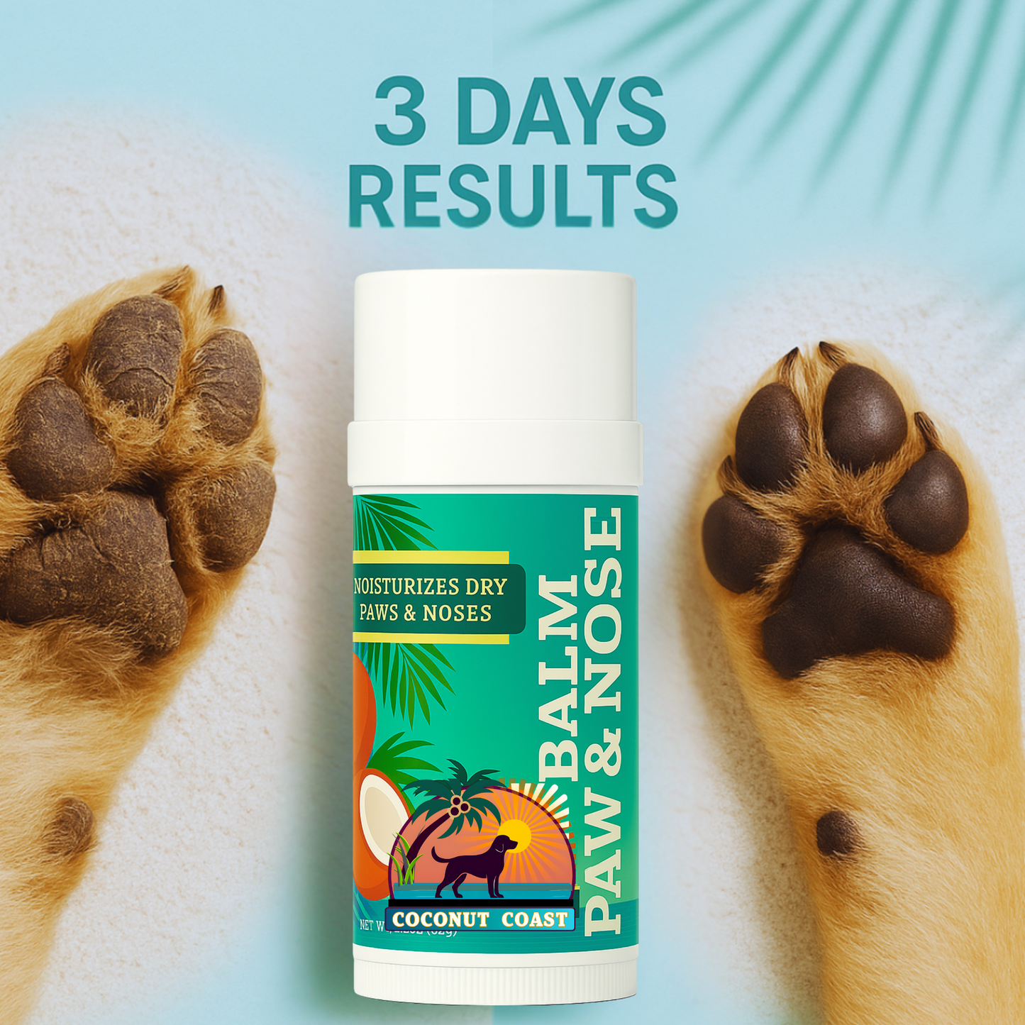 Before and after dog paw transformation in 3 days using Coconut Coast Paw and Nose Balm 2.2 oz, natural alcohol-free formula that heals cracked paws and moisturizes dry noses