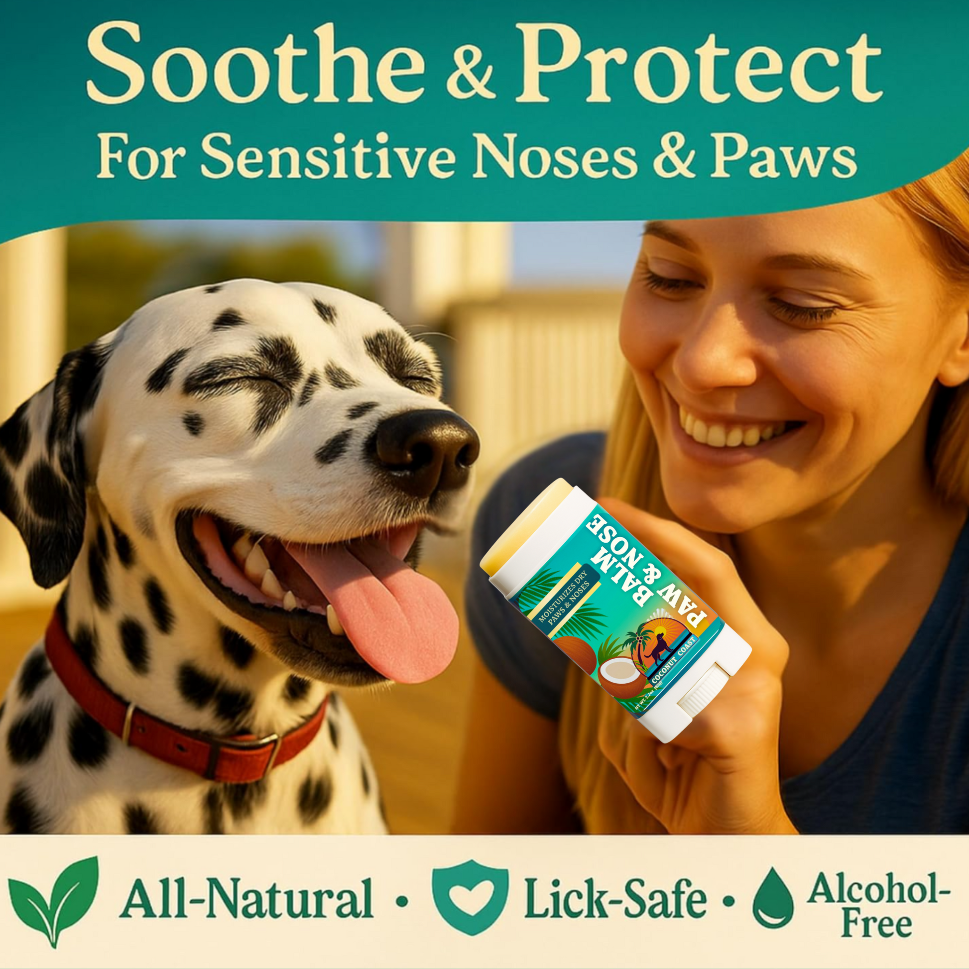 Smiling woman holding Coconut Coast Paw and Nose Balm while Dalmatian relaxes, all-natural alcohol-free and lick-safe balm that soothes sensitive dog noses and paws