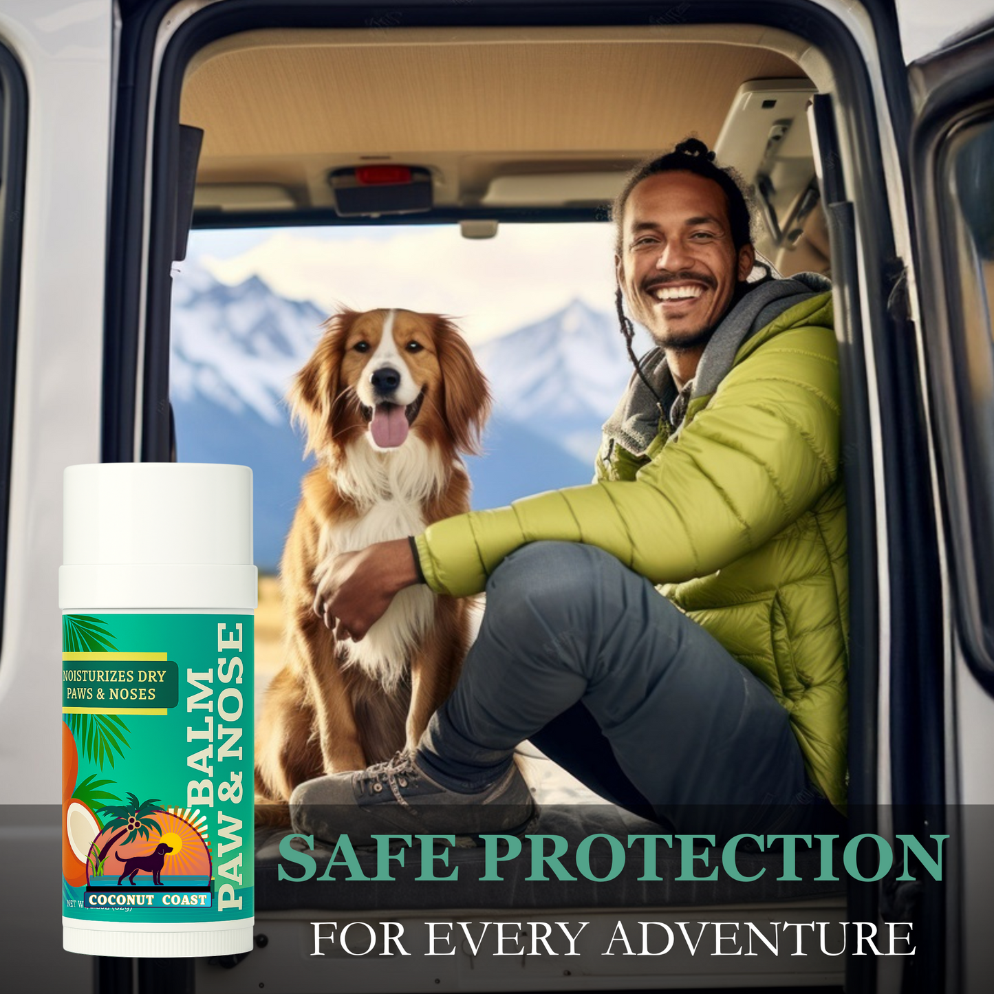 Man with dog in camper van with Coconut Coast Paw and Nose Balm 2.2 oz stick, natural alcohol-free pet balm for protecting paws and noses during outdoor adventures and travel