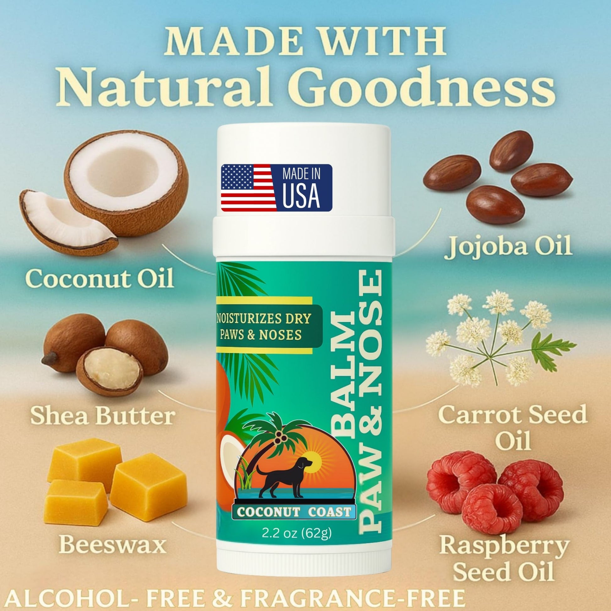 Coconut Coast Paw and Nose Balm 2.2 oz stick with natural ingredients including coconut oil, shea butter, beeswax, jojoba oil, carrot seed oil, and raspberry seed oil, alcohol-free and fragrance-free