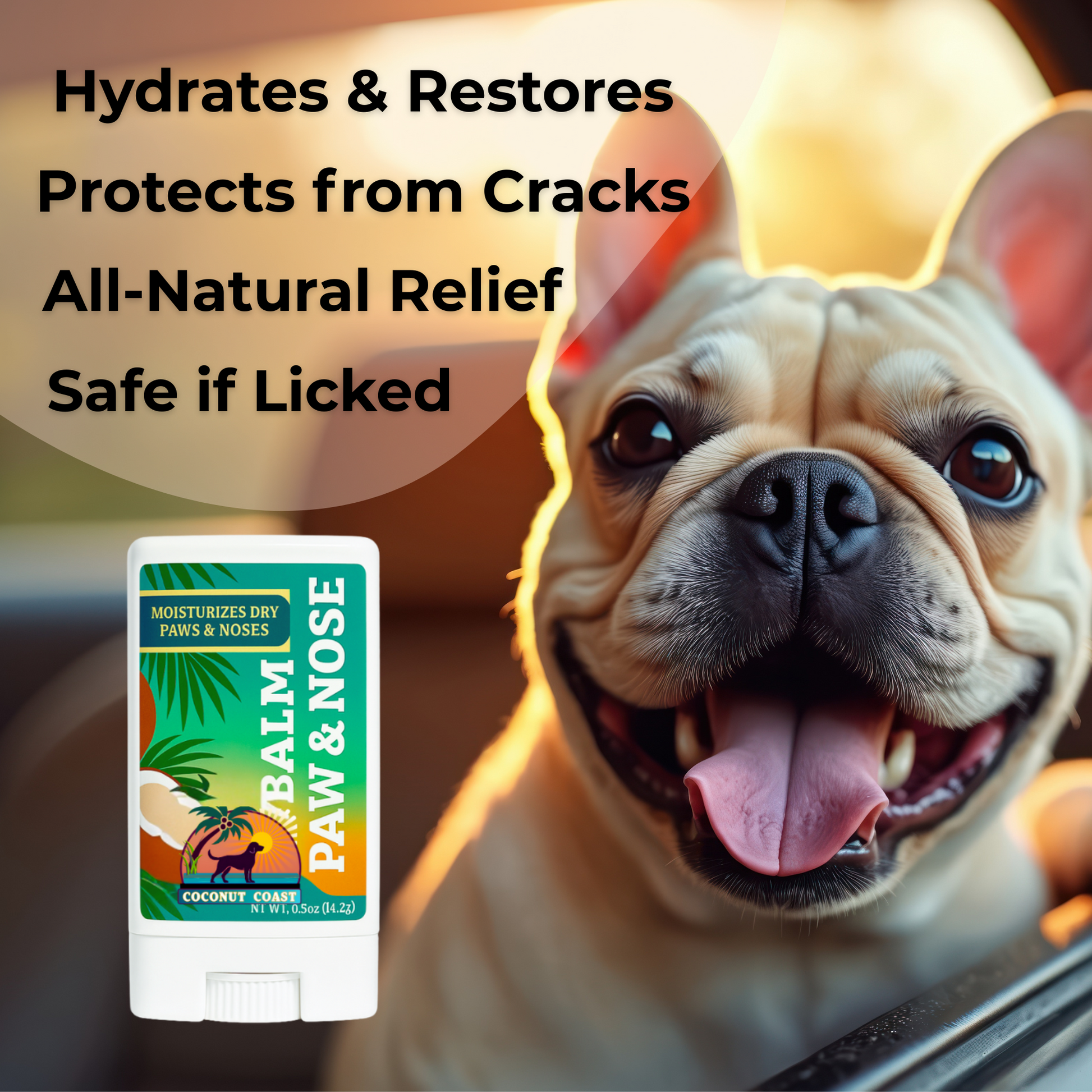 Happy dog with Coconut Coast Paw and Nose Balm 0.5 oz stick, all-natural balm safe if licked, restores moisture, heals cracked paws and noses