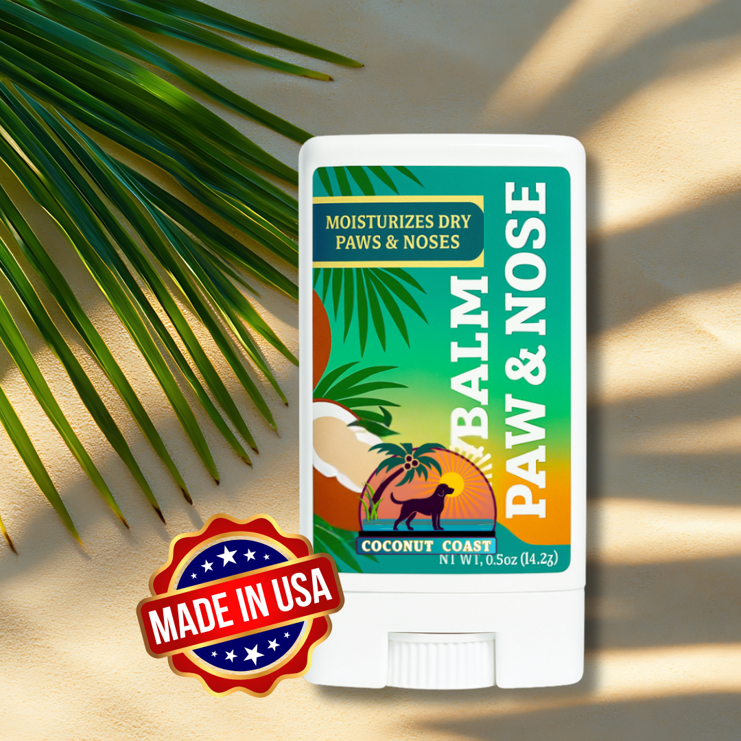 Coconut Coast Paw and Nose Balm 0.5 oz travel size stick with quality seal badge, all-natural moisturizing balm for dogs, alcohol-free and safe if licked