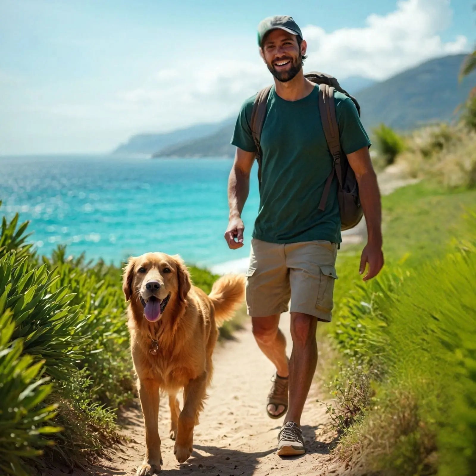 Dog walking on beach protected with mineral dog sunscreen spray