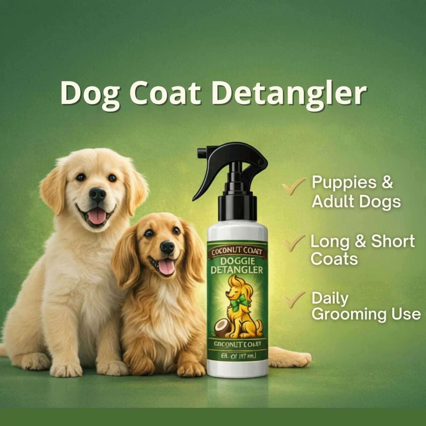 Smooth shiny dog coat after using Coconut Coast detangler spray