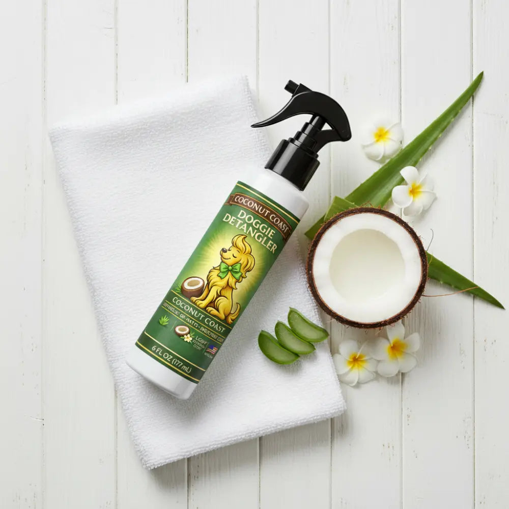 Conditioning ingredients in lightweight dog detangler spray with coconut scent