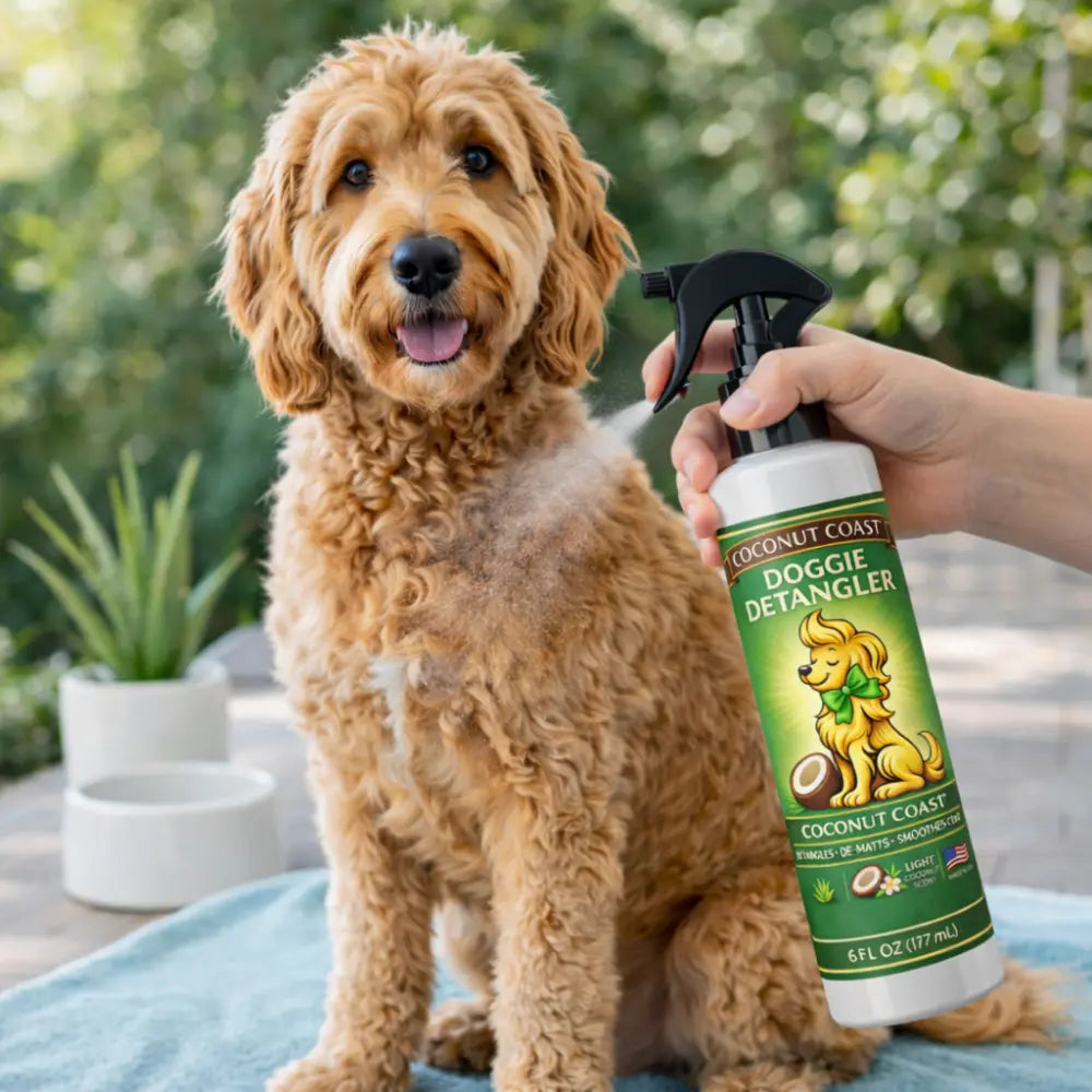 Dog outdoors with Coconut Coast detangler spray for tangle free coat