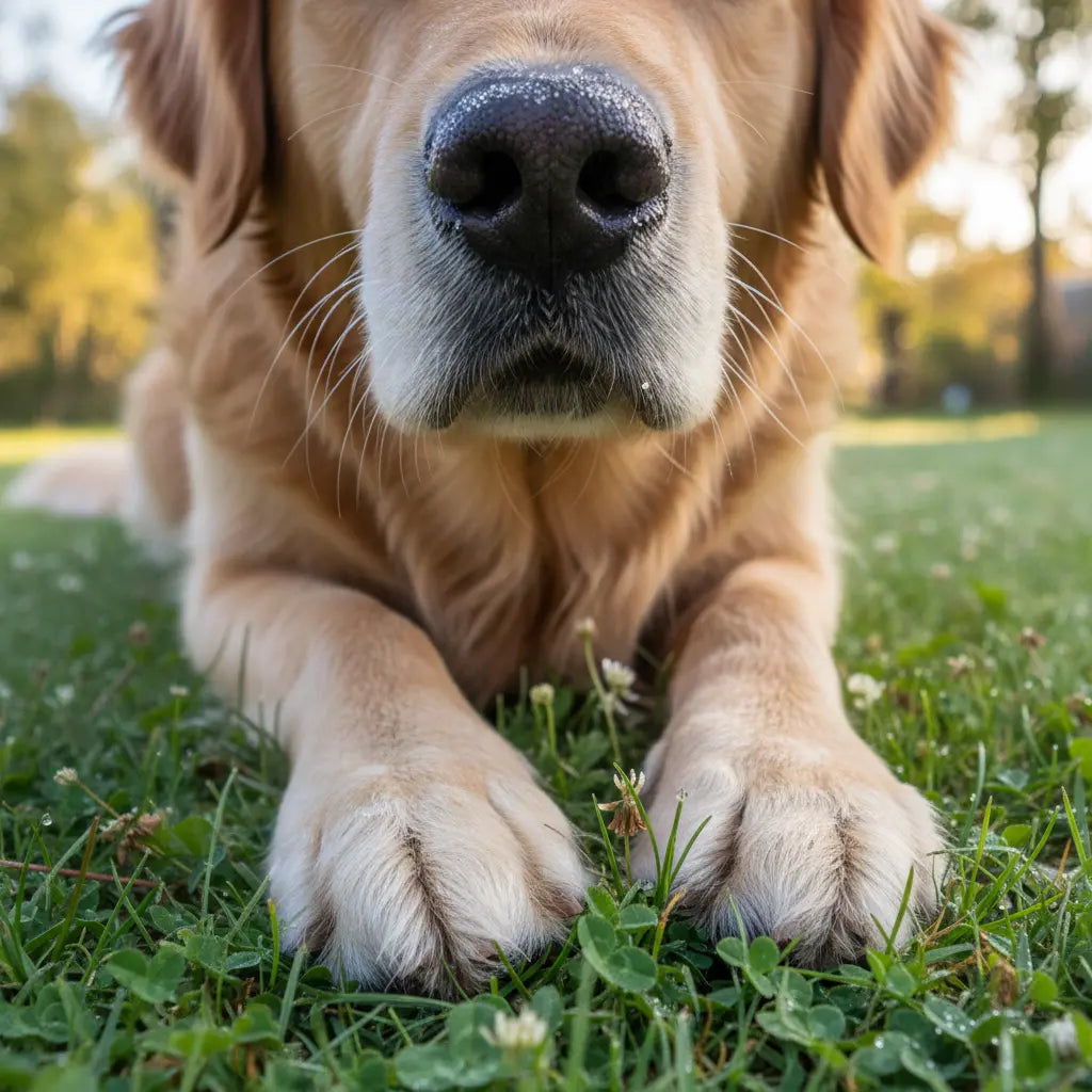 Dog paws protected outdoors with Coconut Coast paw balm for rough pads