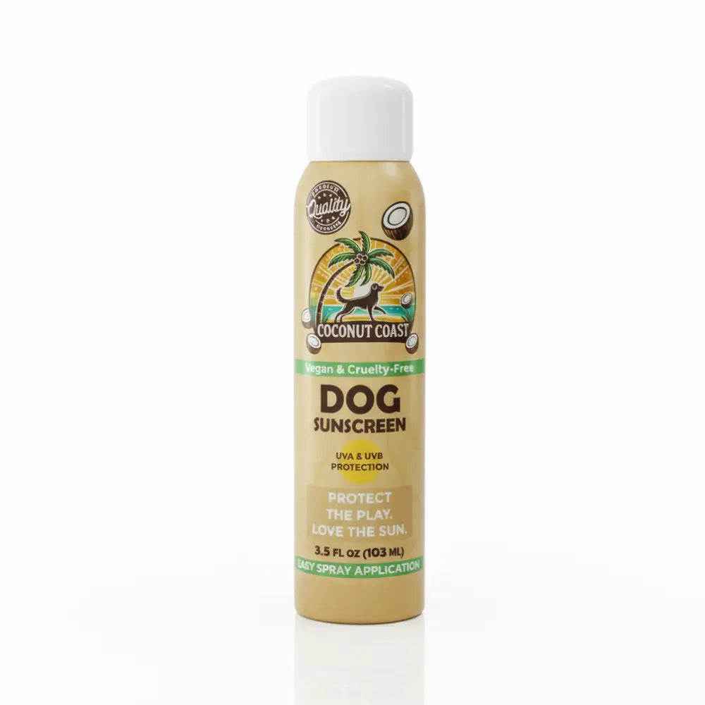 Coconut Coast dog sunscreen spray with mineral UVA and UVB protection, 3.5 oz bottle on white background