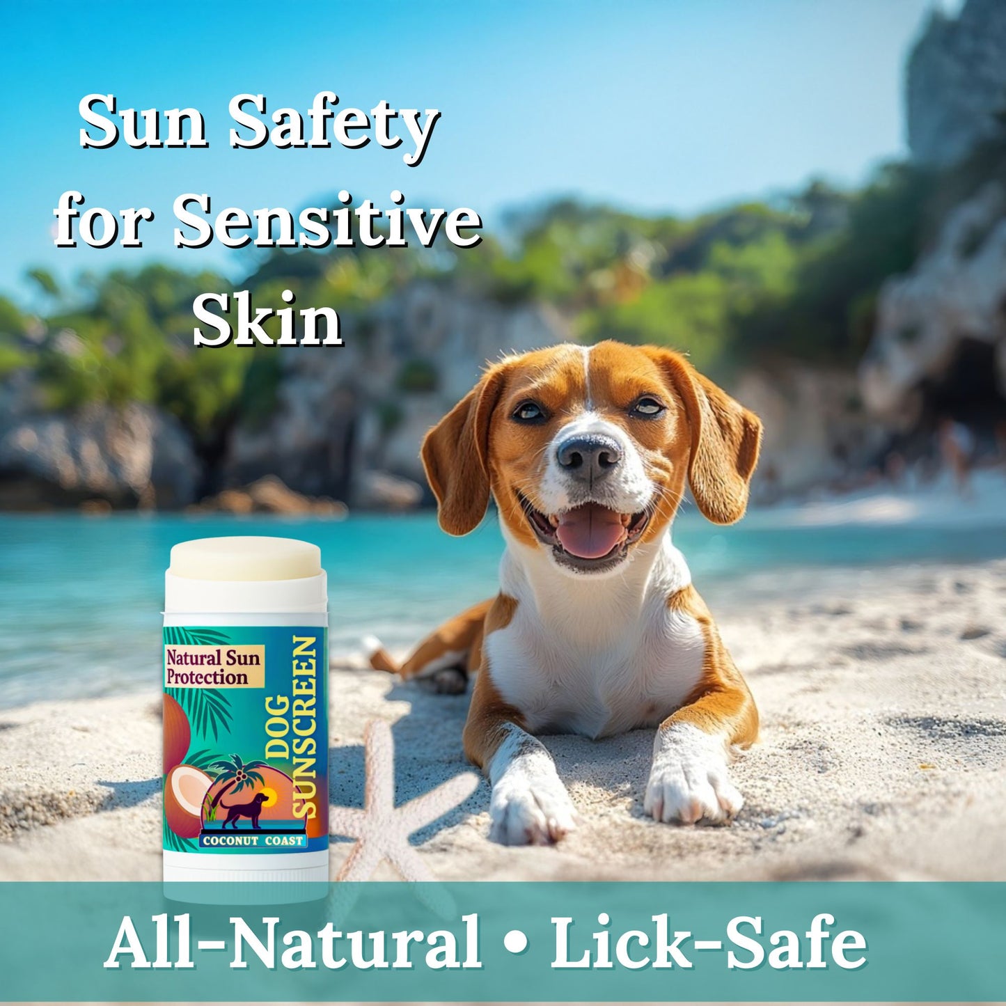 Coconut Coast Dog Sunscreen Stick – all-natural, lick-safe sun protection for dogs with sensitive skin.