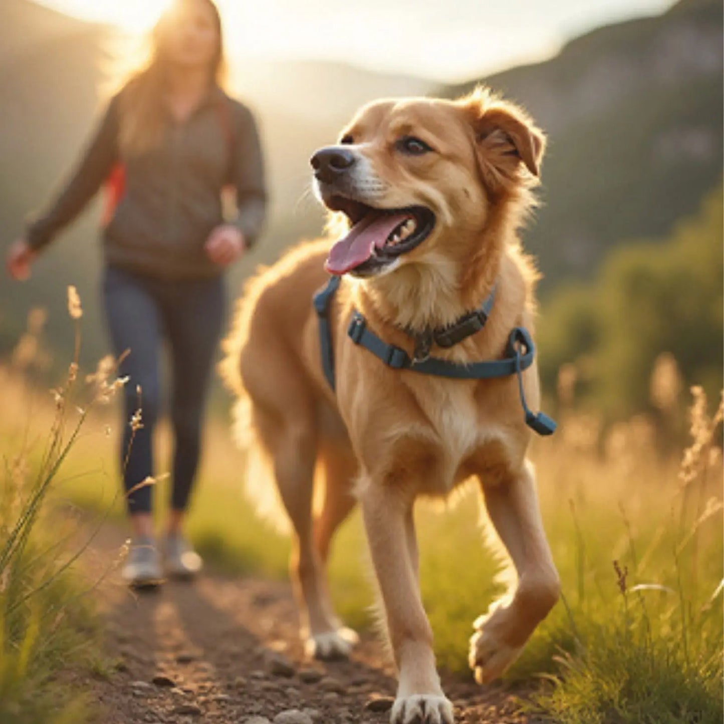 Dog outdoors on trail protected with mineral dog sunscreen spray